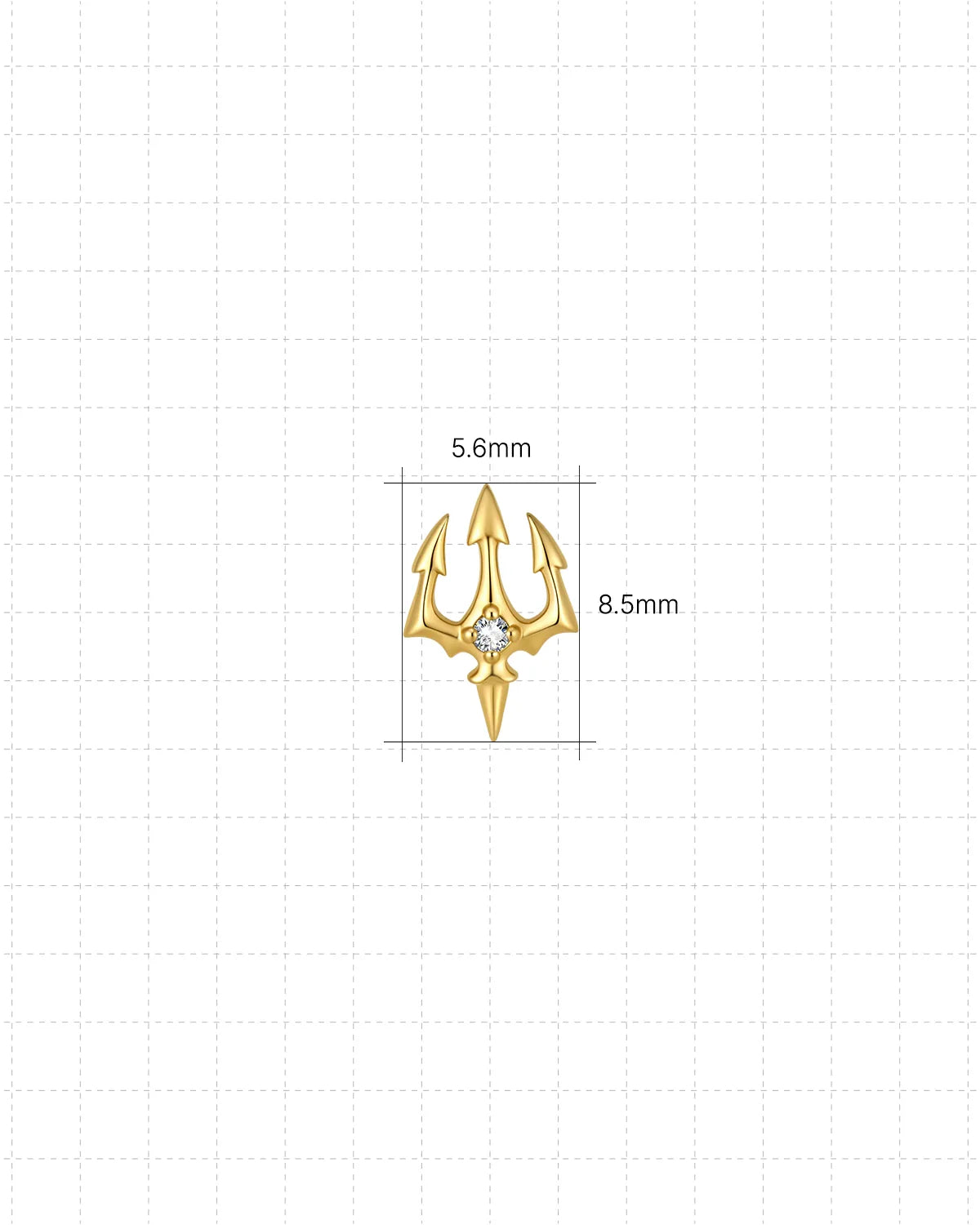 Gold Abyssal Trident jewelry front dimensions 5.6mm by 8.5mm