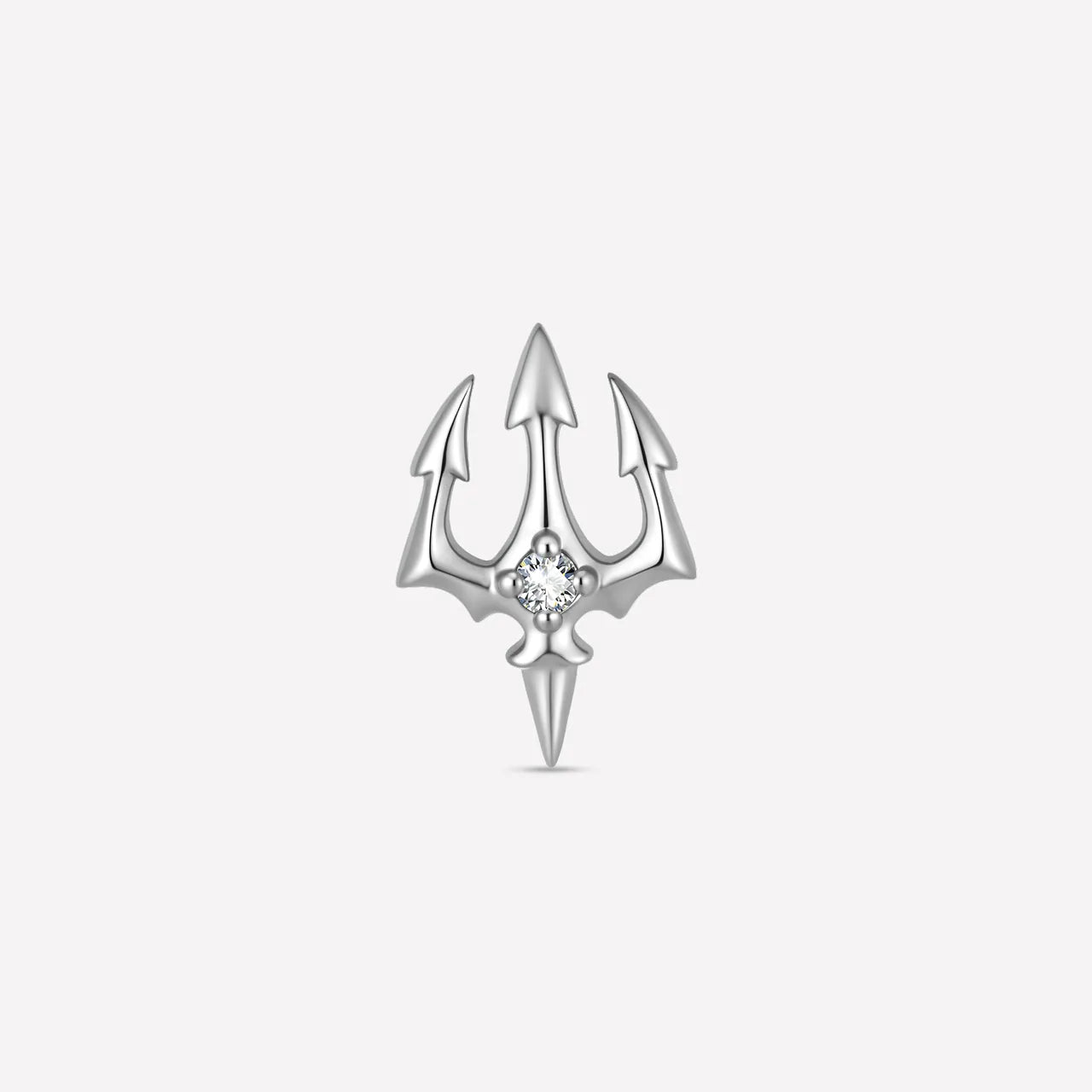 Abyssal Trident flatback stud in polished silver titanium with clear cubic zirconia