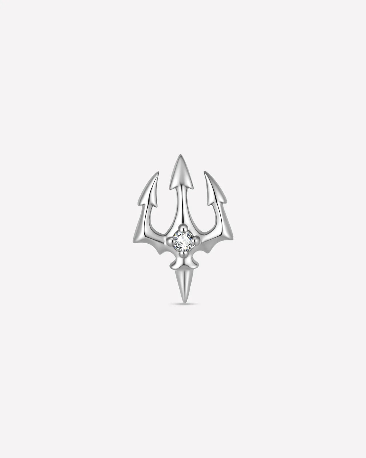 Abyssal Trident flatback stud in polished silver titanium with clear cubic zirconia
