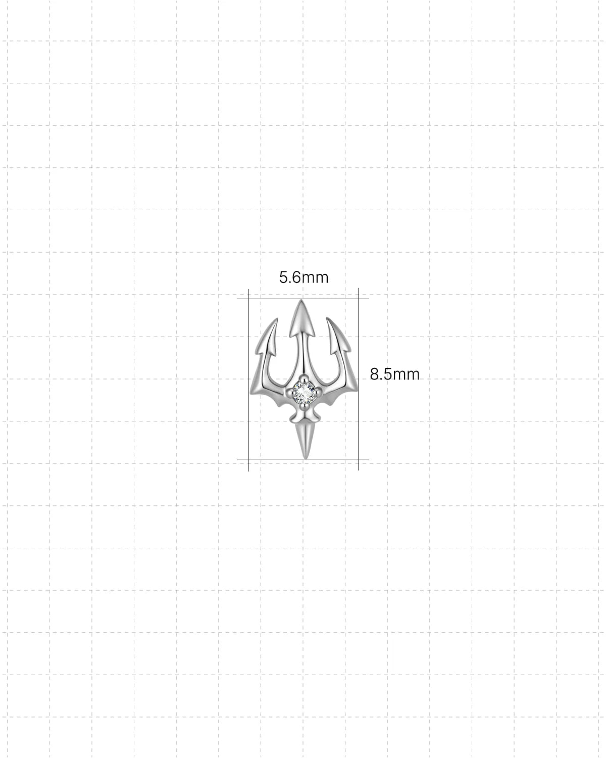 Silver Abyssal Trident jewelry front dimensions 5.6mm by 8.5mm