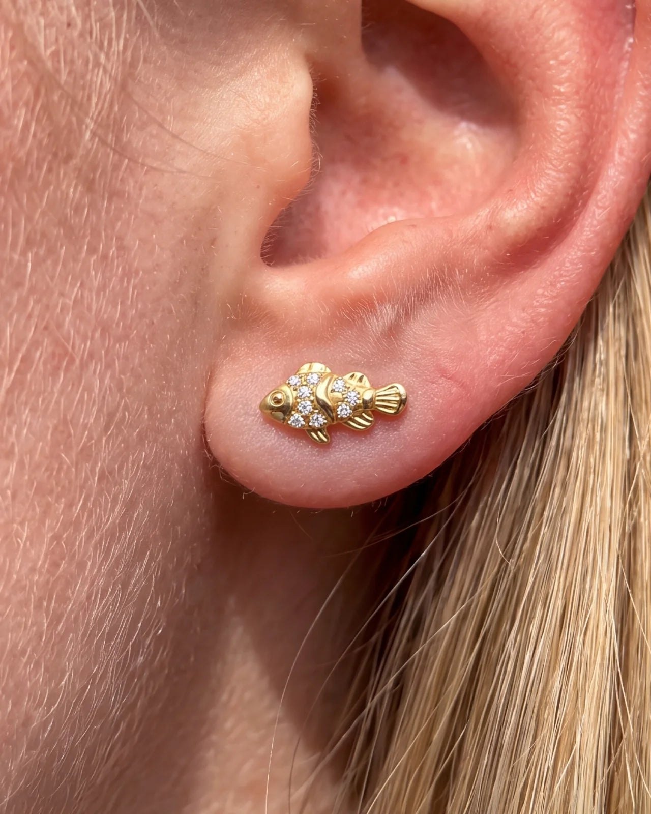 Gold Coral Clownfish Flatback Stud worn on ear