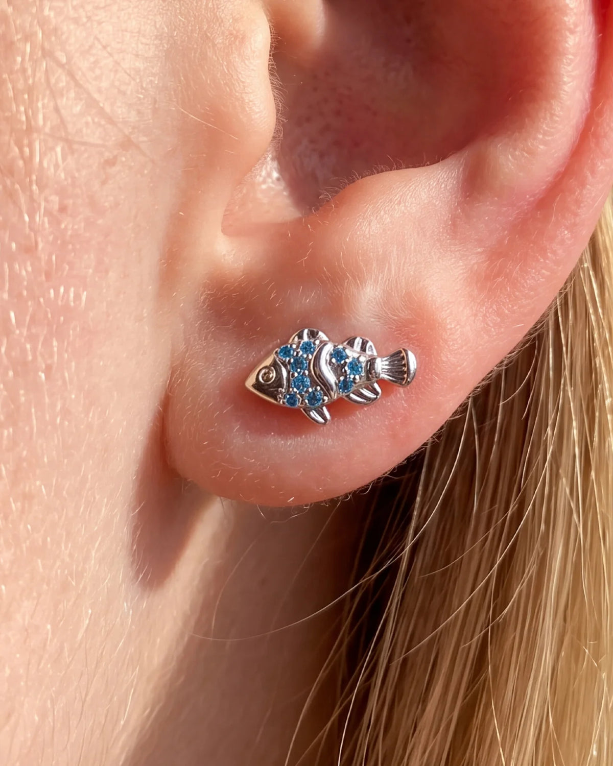 Silver Coral Clownfish Flatback Stud worn on ear