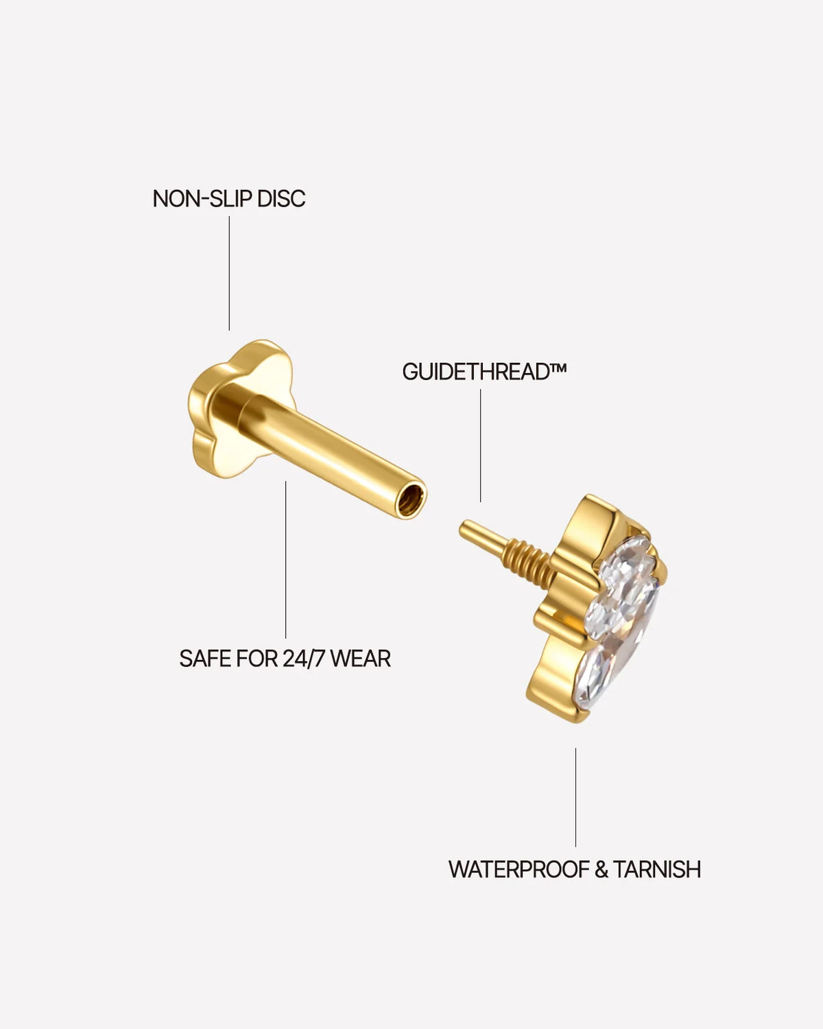 Petal Drift Flatback Stud Gold Crystal Clear threaded construction