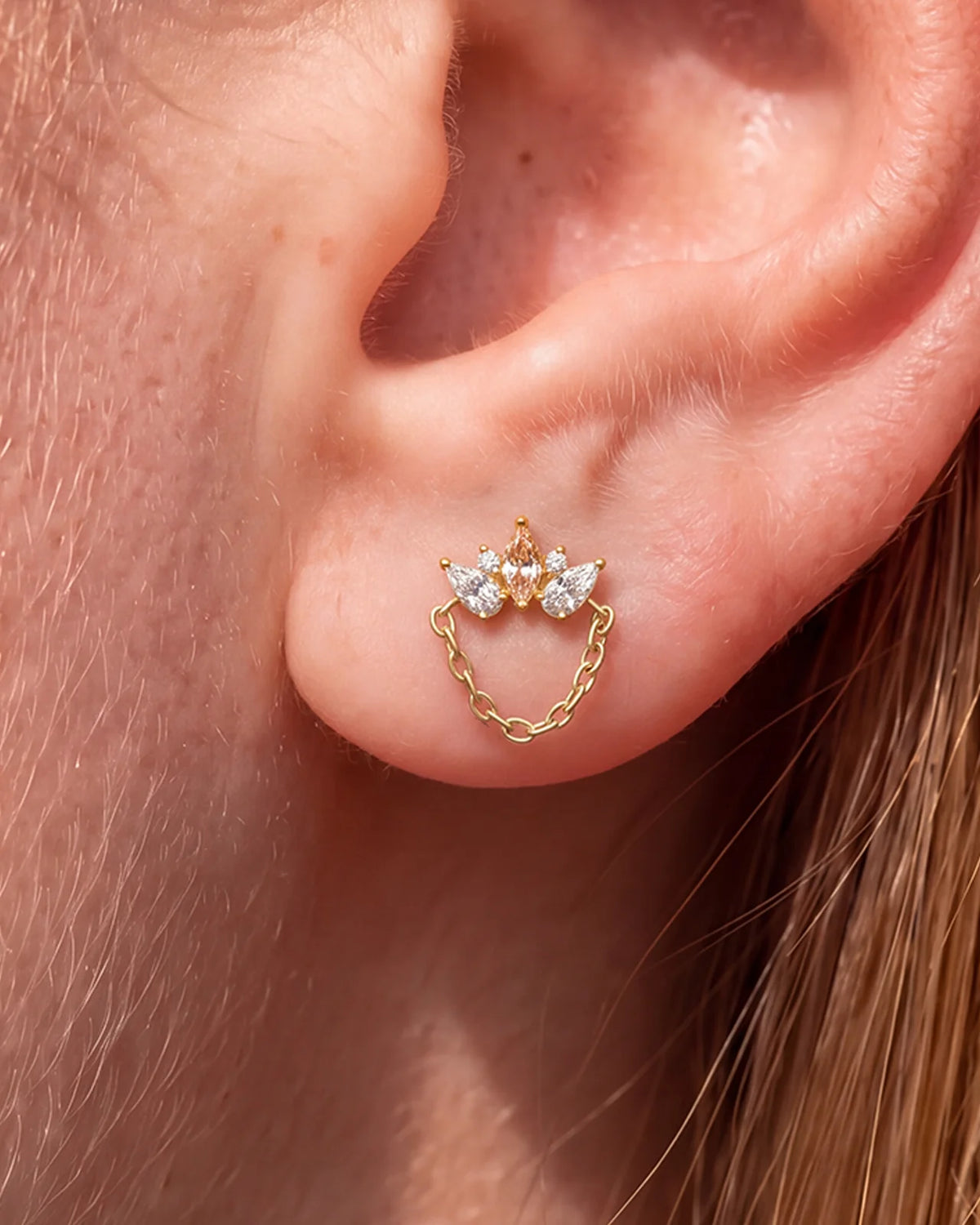 Crown Drape Flatback Stud - Gold Champagne Glow - lobe styling