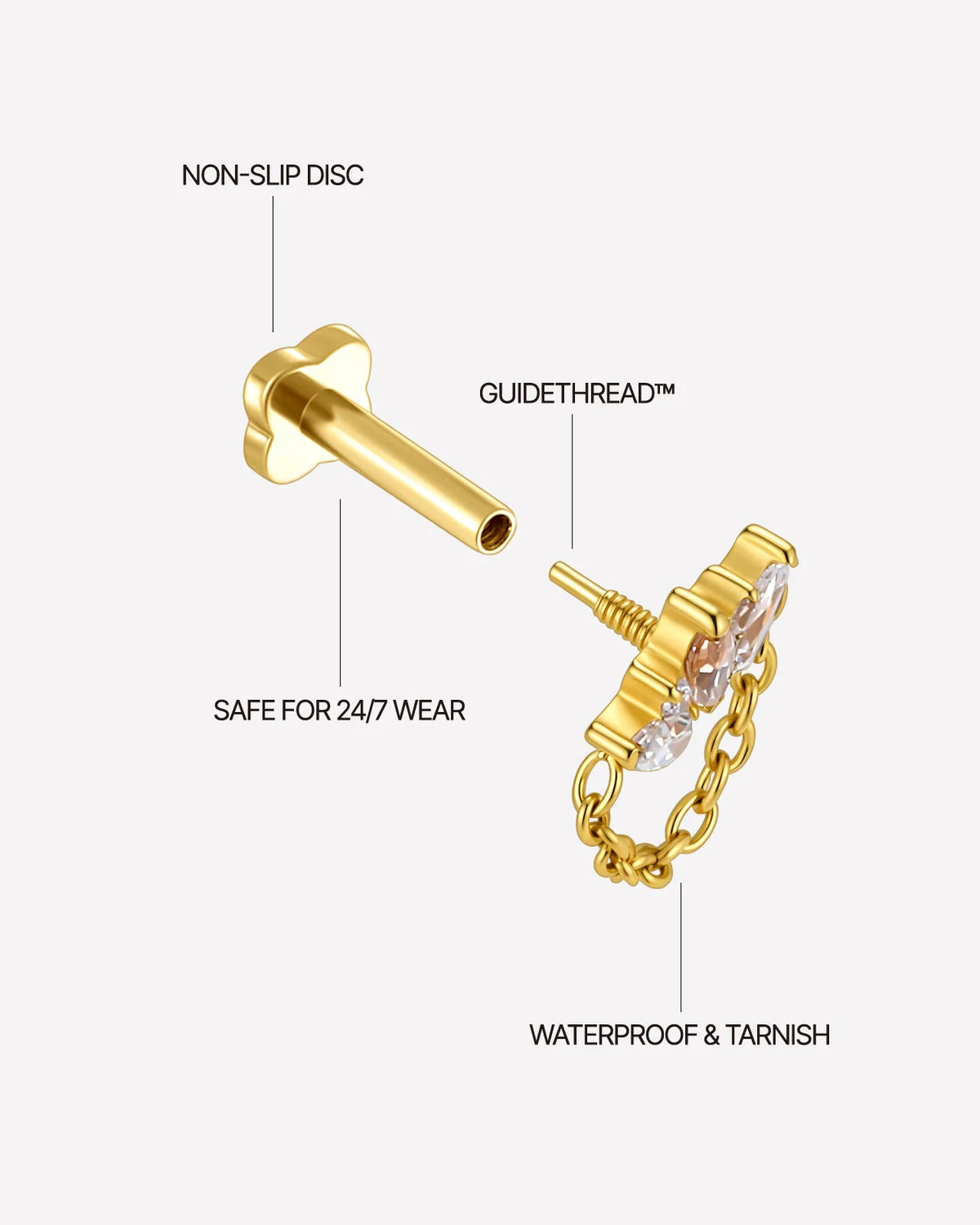 Crown Drape Flatback Stud - Gold Champagne Glow - threaded construction