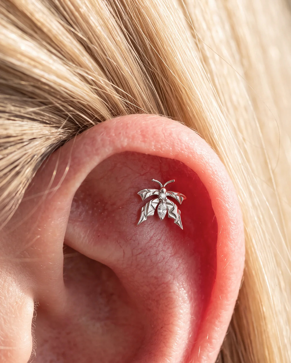 Woodland Flutter Flatback Stud - Silver Crystal Clear - flat styling