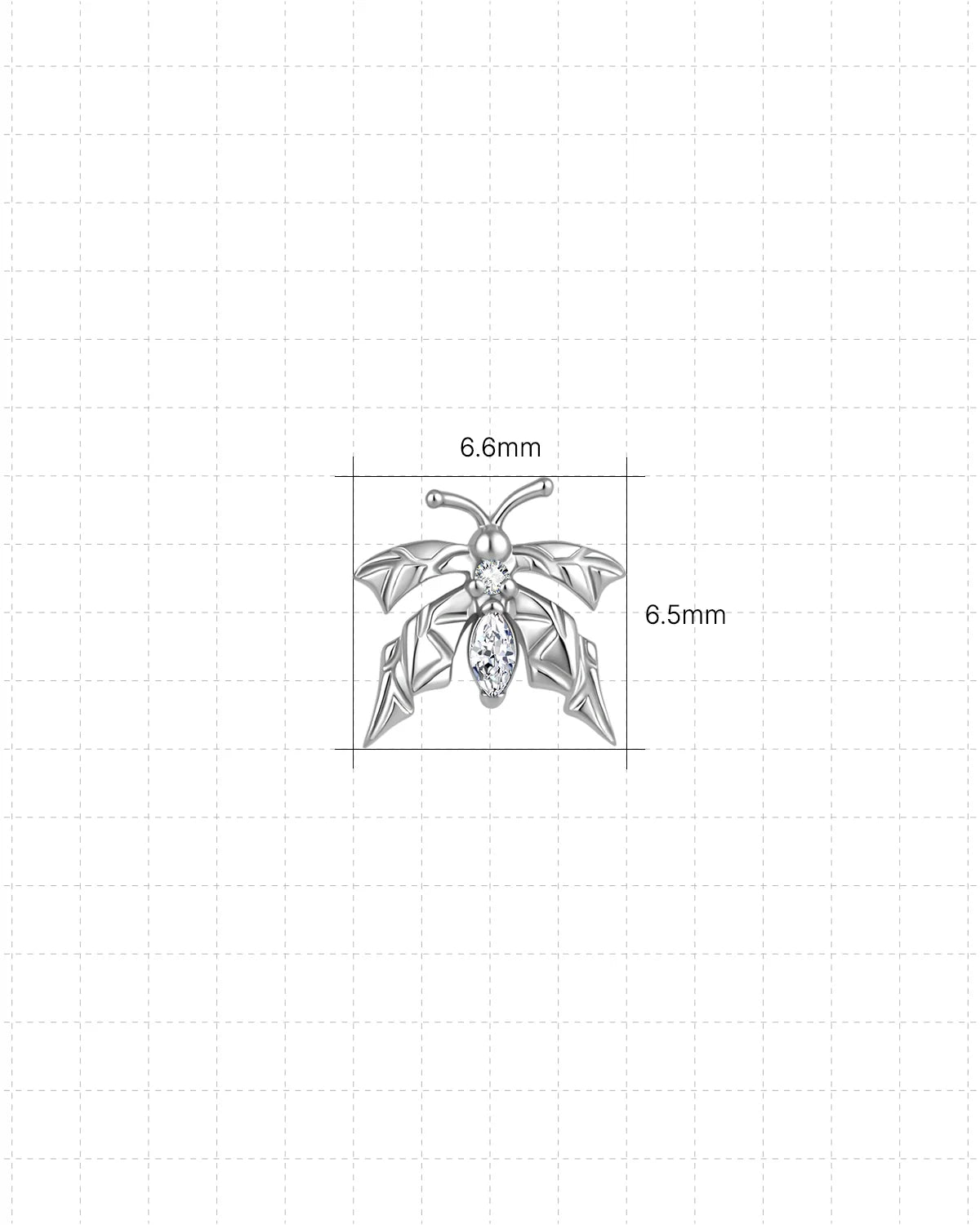 Woodland Flutter Flatback Stud - Silver Crystal Clear - 6.6 x 6.5mm size guide