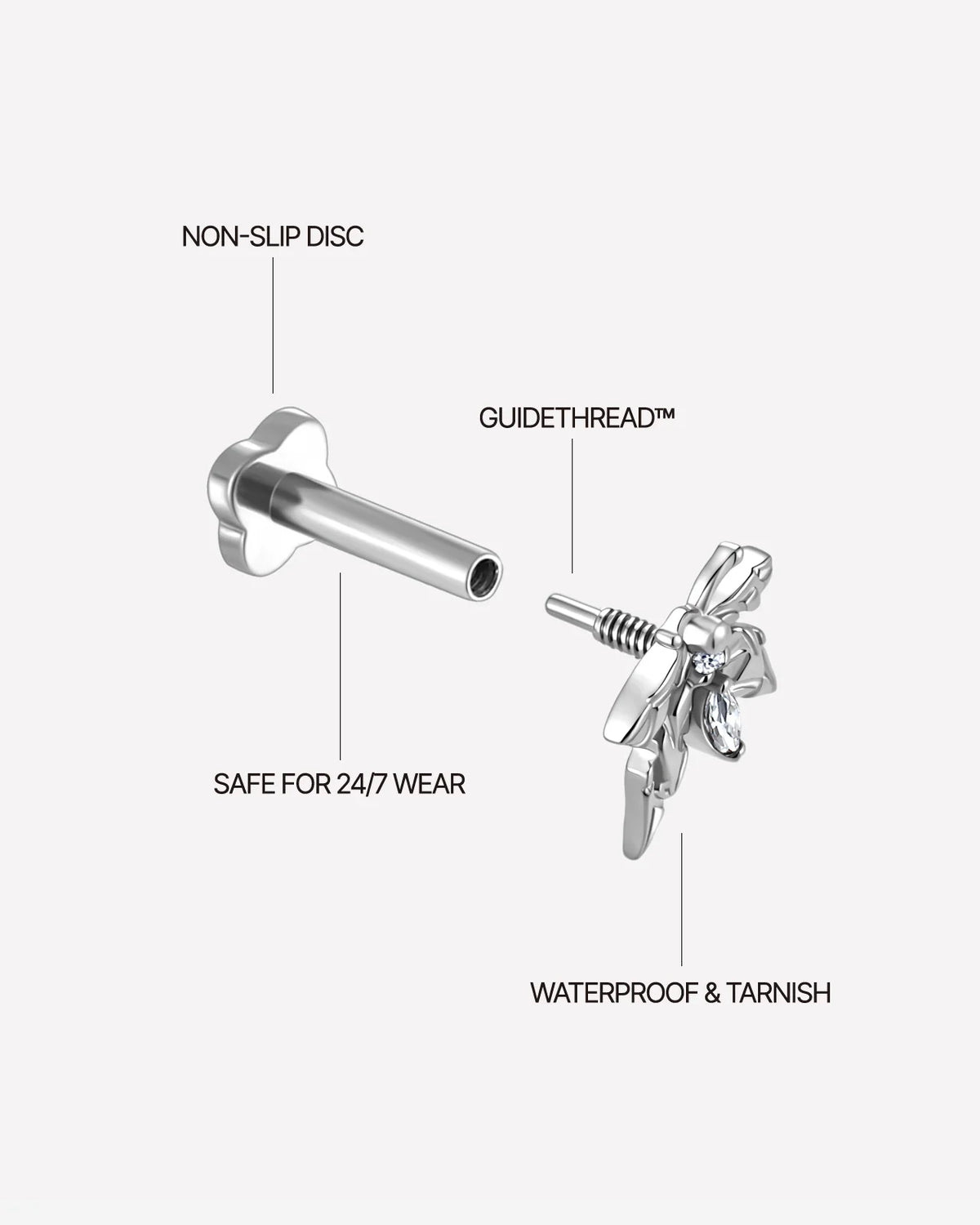 Woodland Flutter Flatback Stud - Silver Crystal Clear - threaded construction