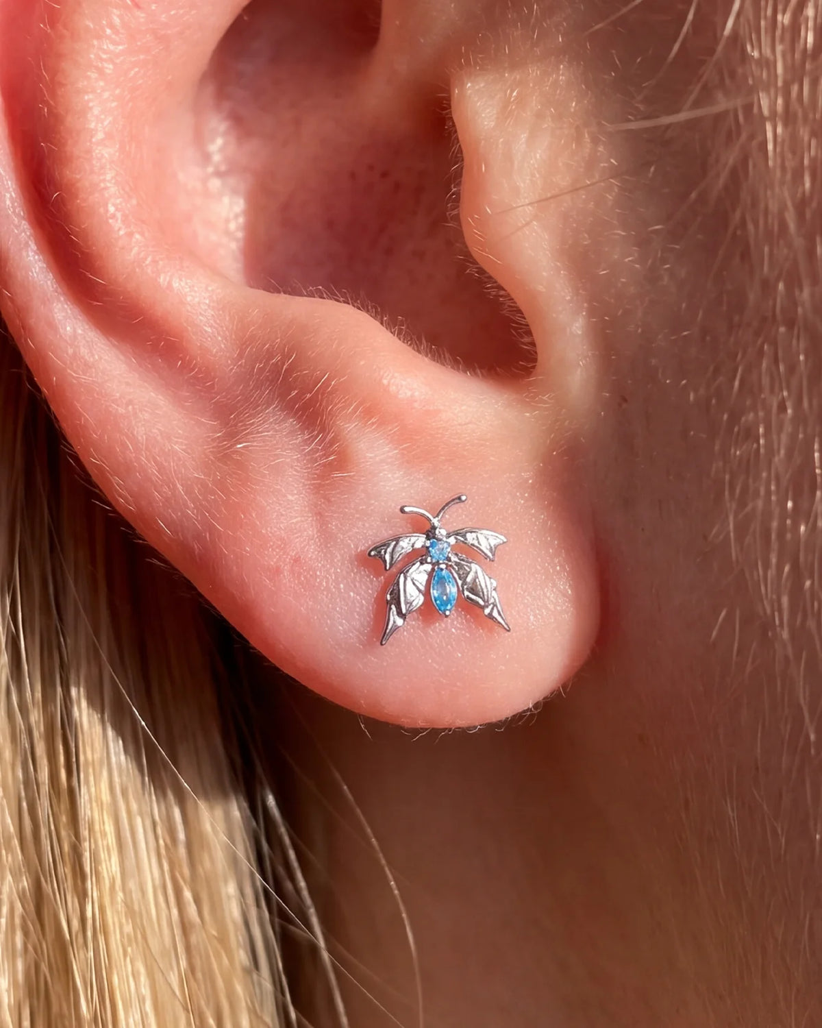 Woodland Flutter Flatback Stud - Silver Light Blue - lobe styling