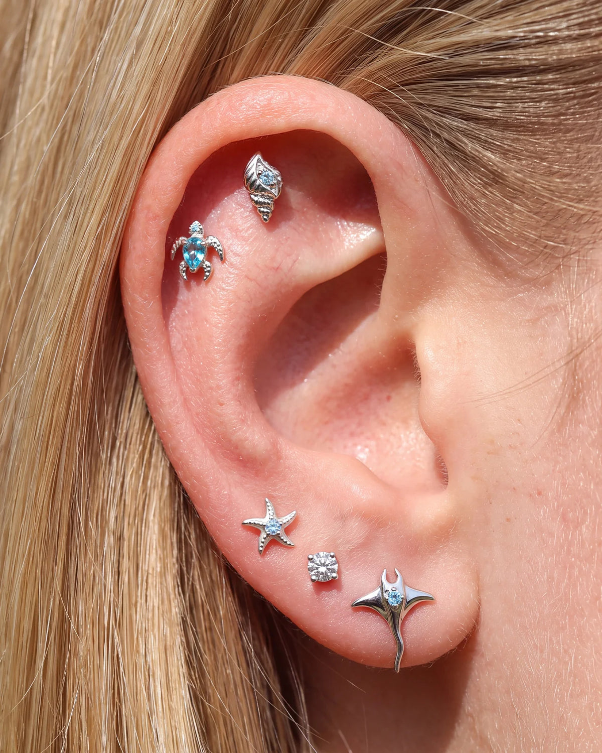 Tidal Spiral Shell Flatback Stud Silver Blue Stone - Image 4