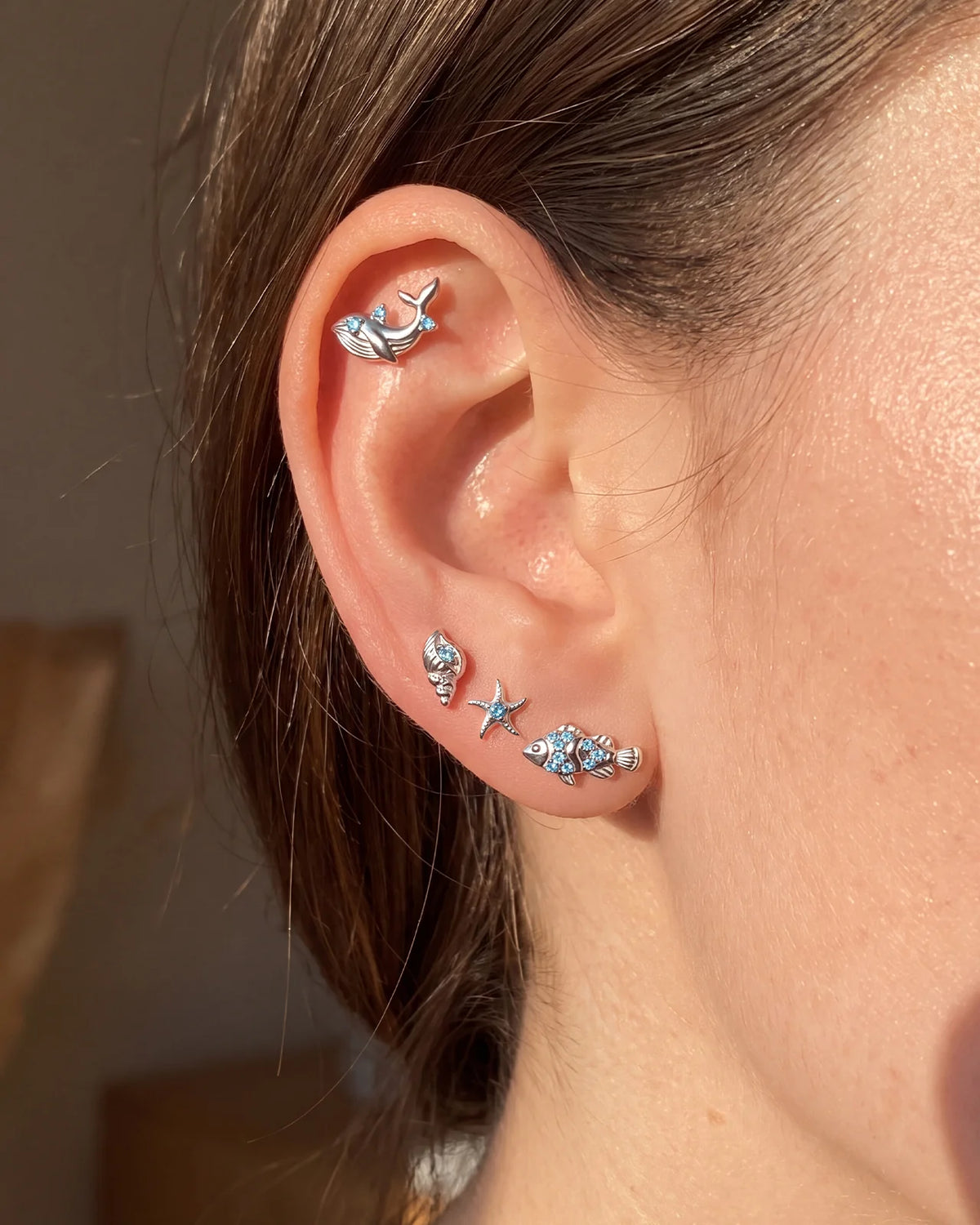 Tidal Spiral Shell Flatback Stud Silver Blue Stone - Image 5