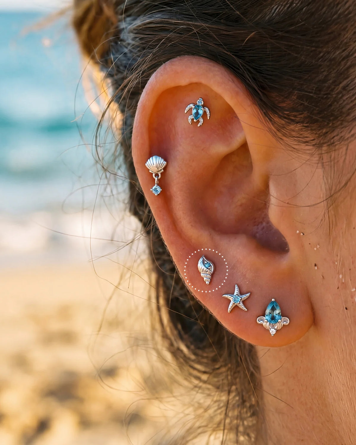 Tidal Spiral Shell Flatback Stud Silver Blue Stone - Image 9