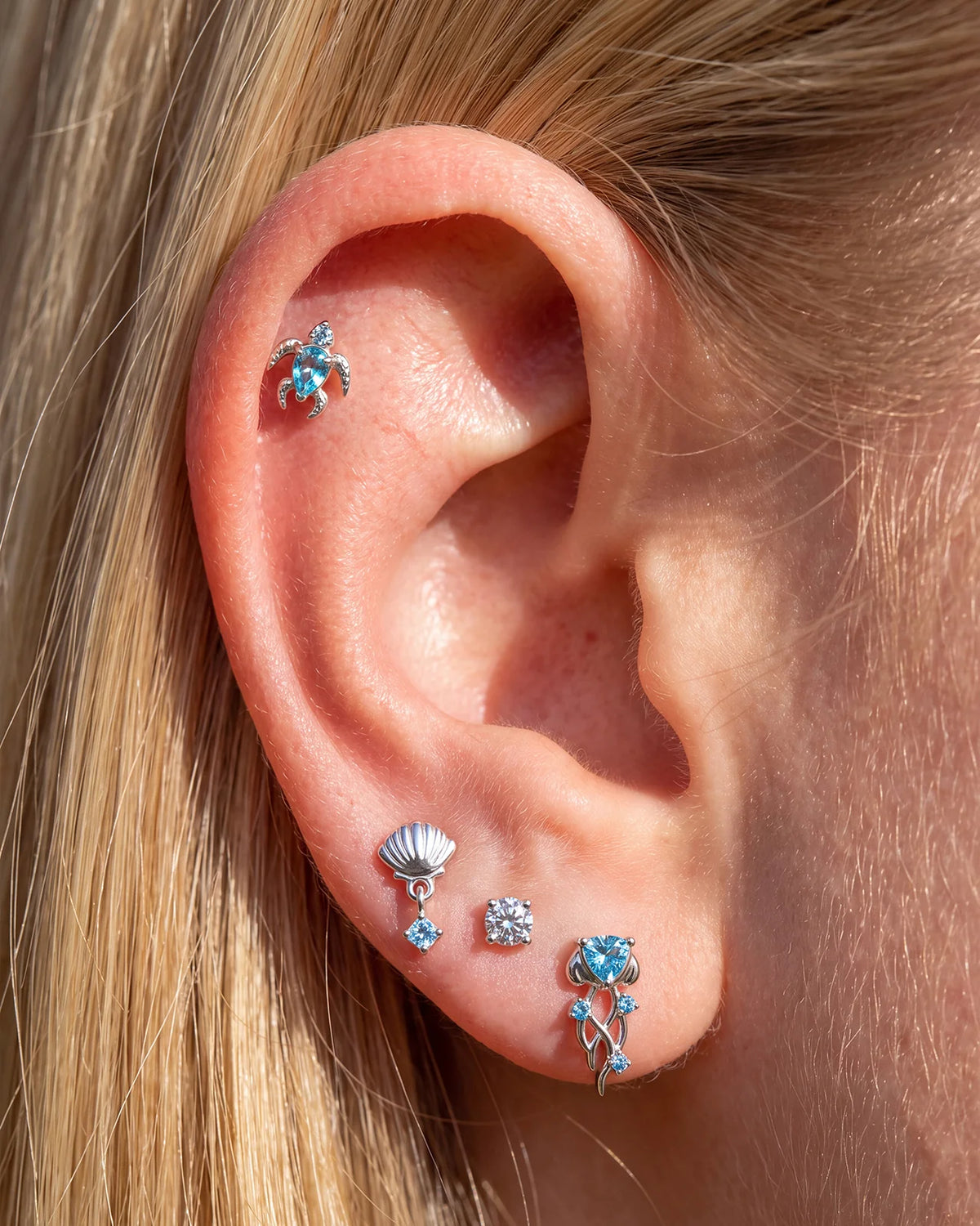 Tidal Glow Seashell Drop Flatback Stud - Silver Sky Blue - image 4