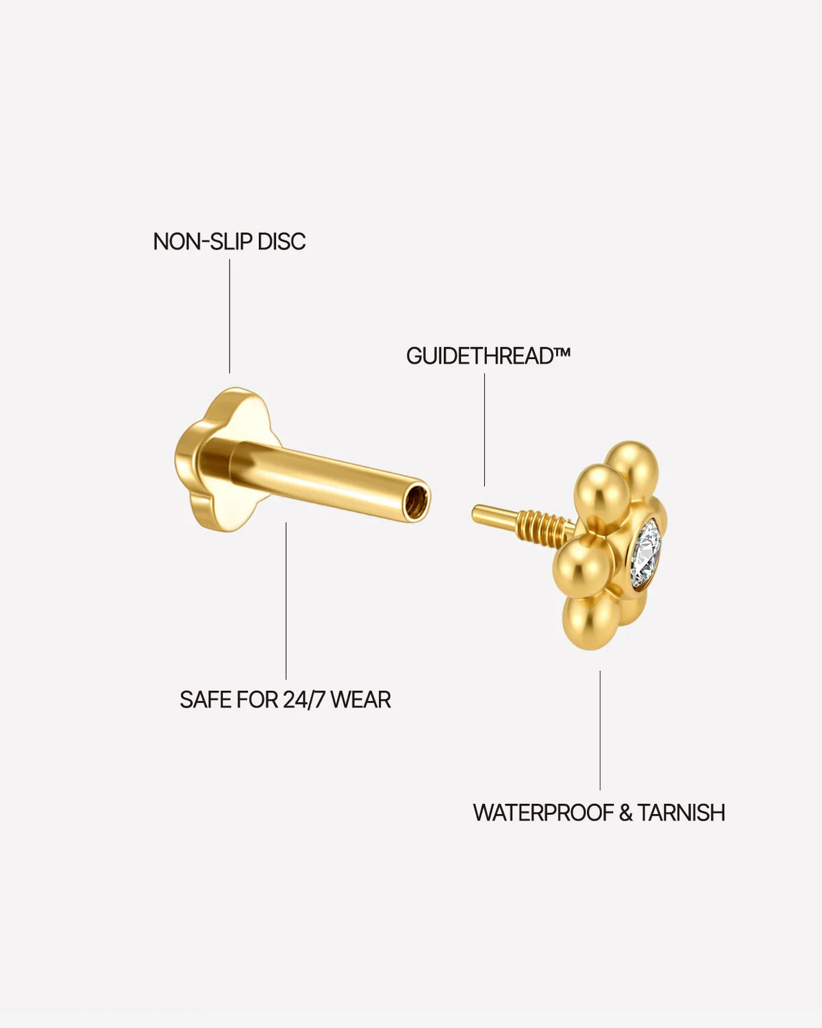 Petal Pop Flatback Stud - Gold Crystal Clear - threaded construction