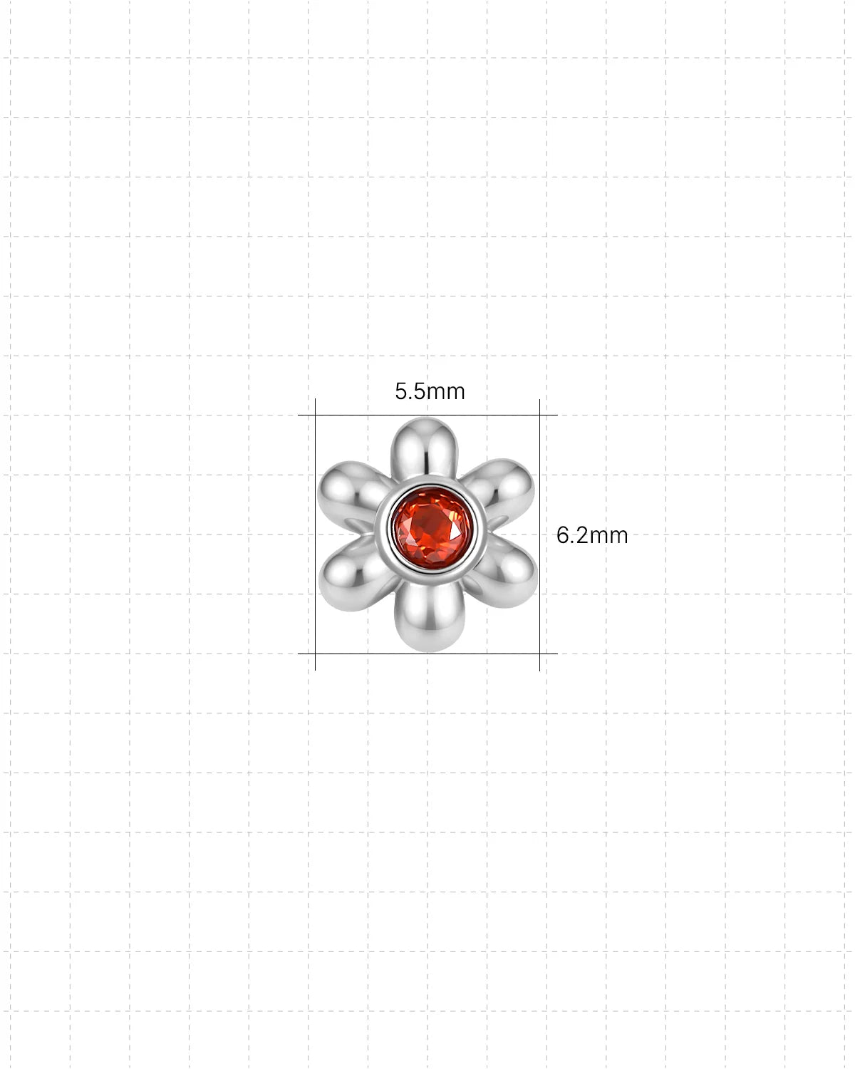 Petal Pop Flatback Stud - Silver Garnet Red - 5.5 x 6.2mm size guide