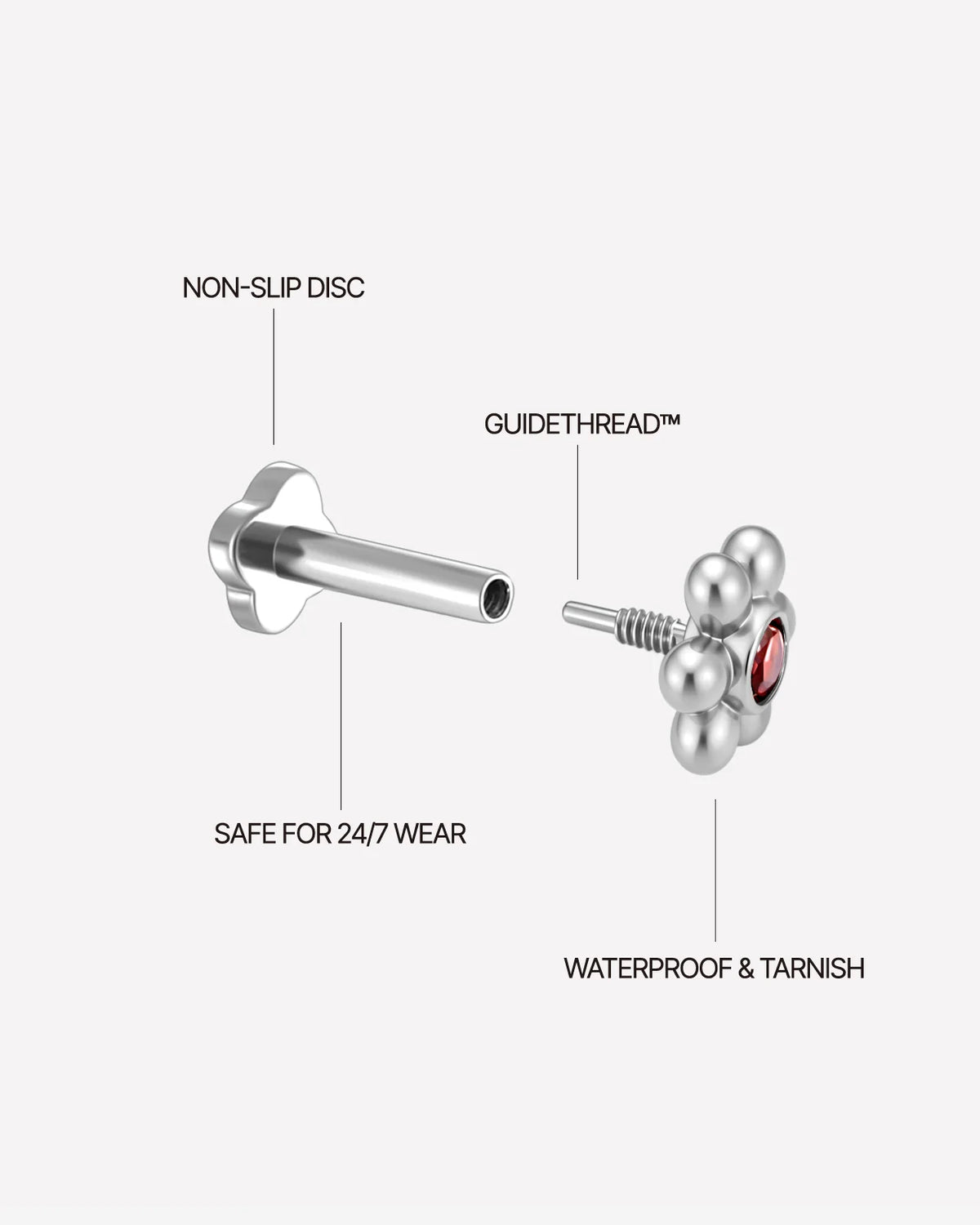 Petal Pop Flatback Stud - Silver Garnet Red - threaded construction