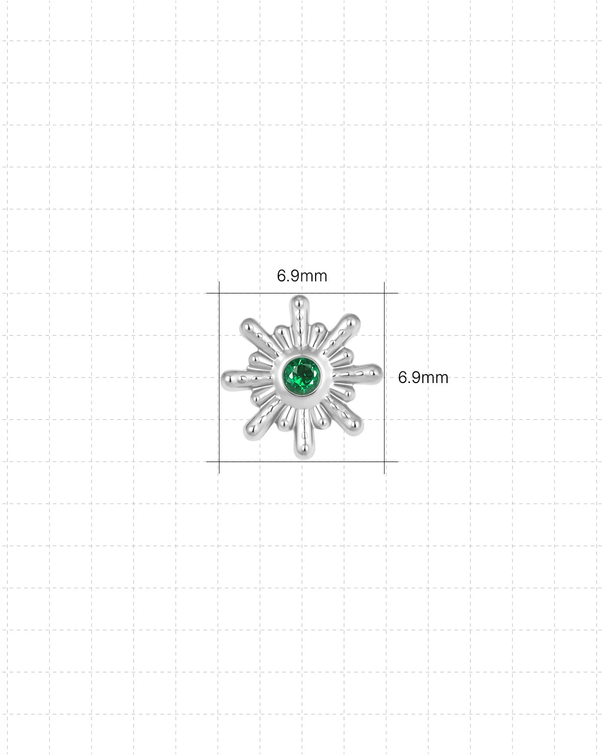 Sunbeam Flatback Stud - Silver Emerald Green - 6.9mm size guide