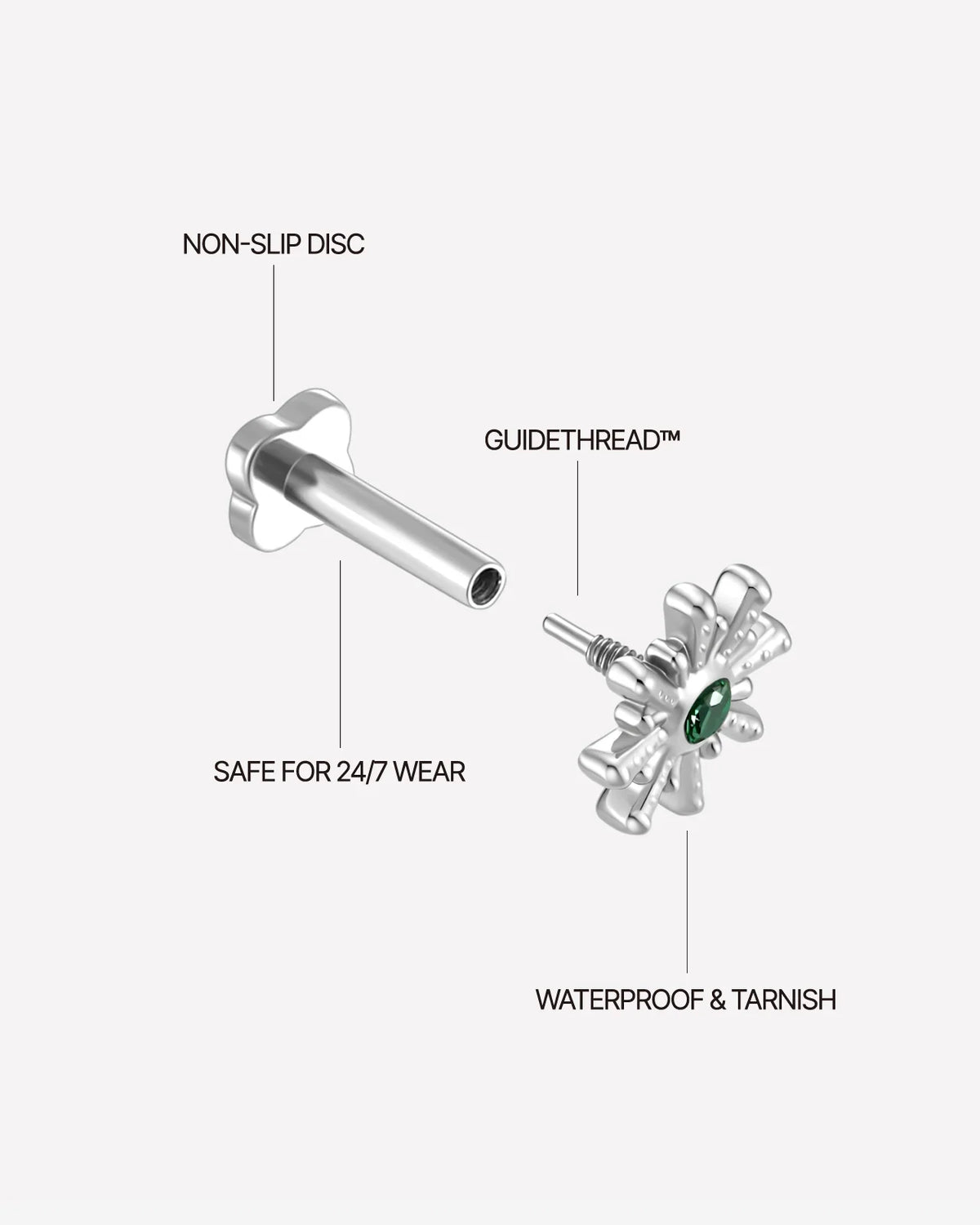 Sunbeam Flatback Stud - Silver Emerald Green - threaded construction
