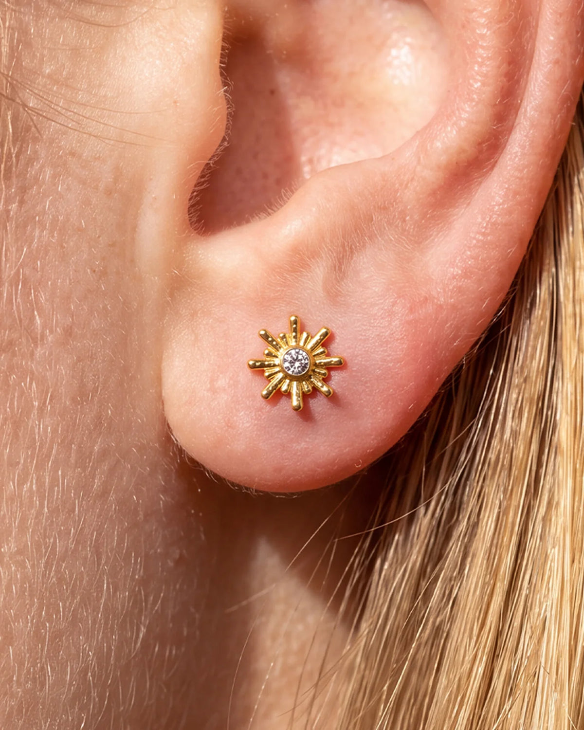 Sunbeam Flatback Stud - Gold Crystal Clear - lobe styling