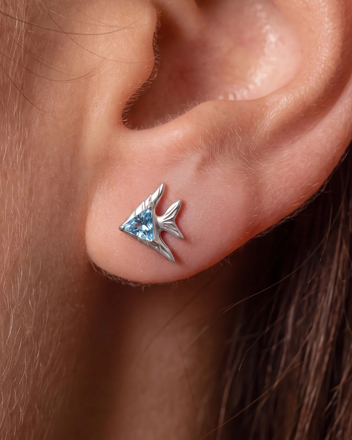 Reef Angel Flatback Stud - Silver with blue cubic zirconia - product and styling view 3