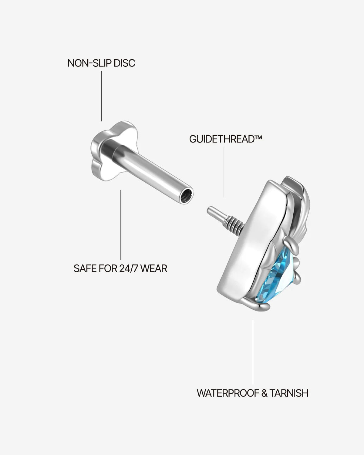 Reef Angel Flatback Stud - Silver with blue cubic zirconia - threaded construction