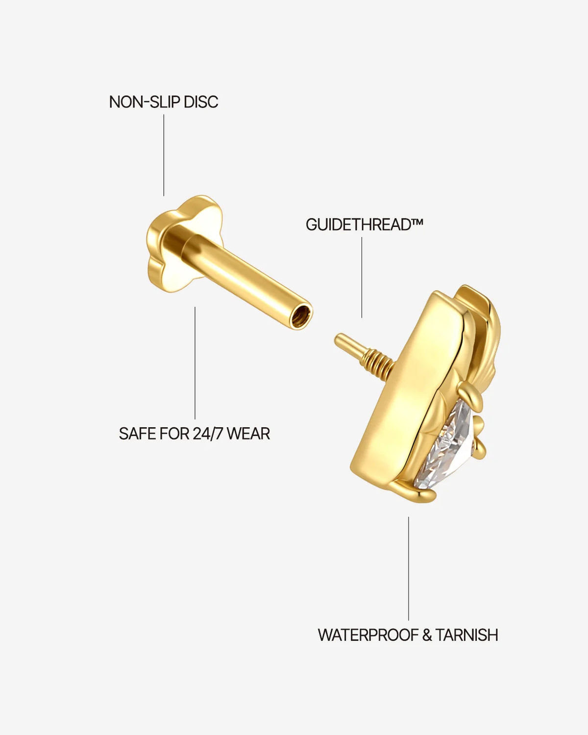 Reef Angel Flatback Stud - Gold with clear cubic zirconia - threaded construction