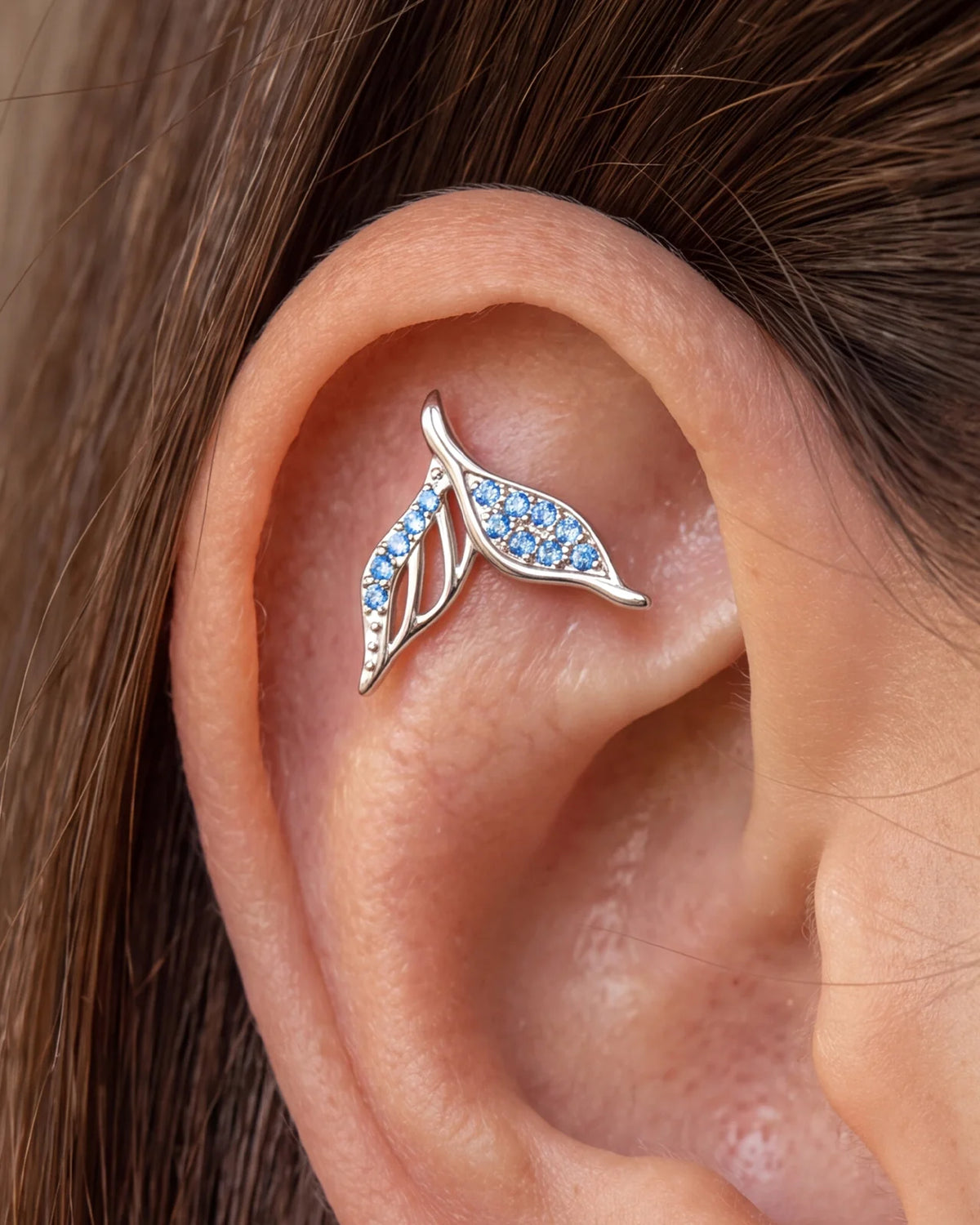 Mermaid Tail Flatback Stud - Silver with blue cubic zirconia - product and styling view 1
