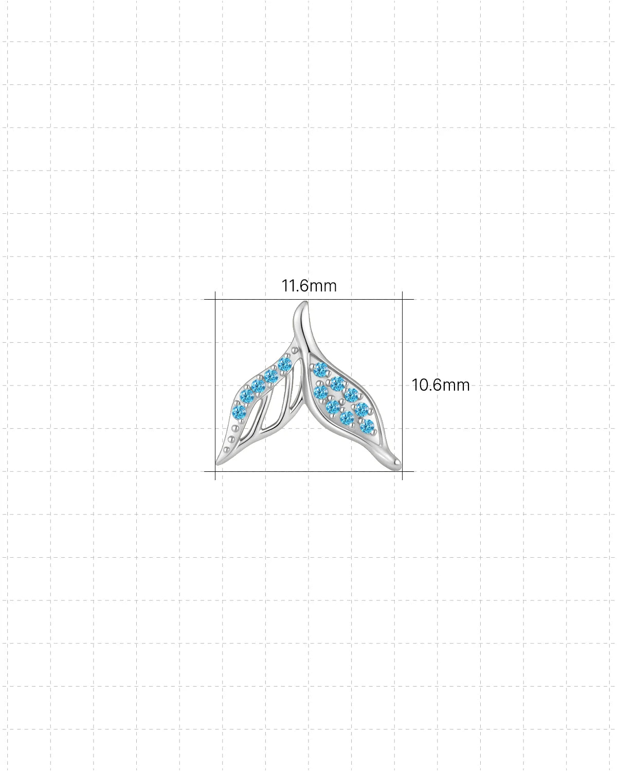 Mermaid Tail Flatback Stud - Silver with blue cubic zirconia - 11.6mm W x 10.6mm H dimensions