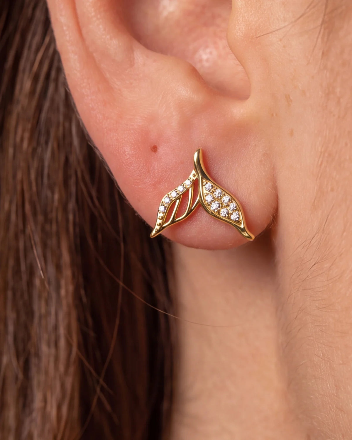 Mermaid Tail Flatback Stud - Gold with clear cubic zirconia - product and styling view 2