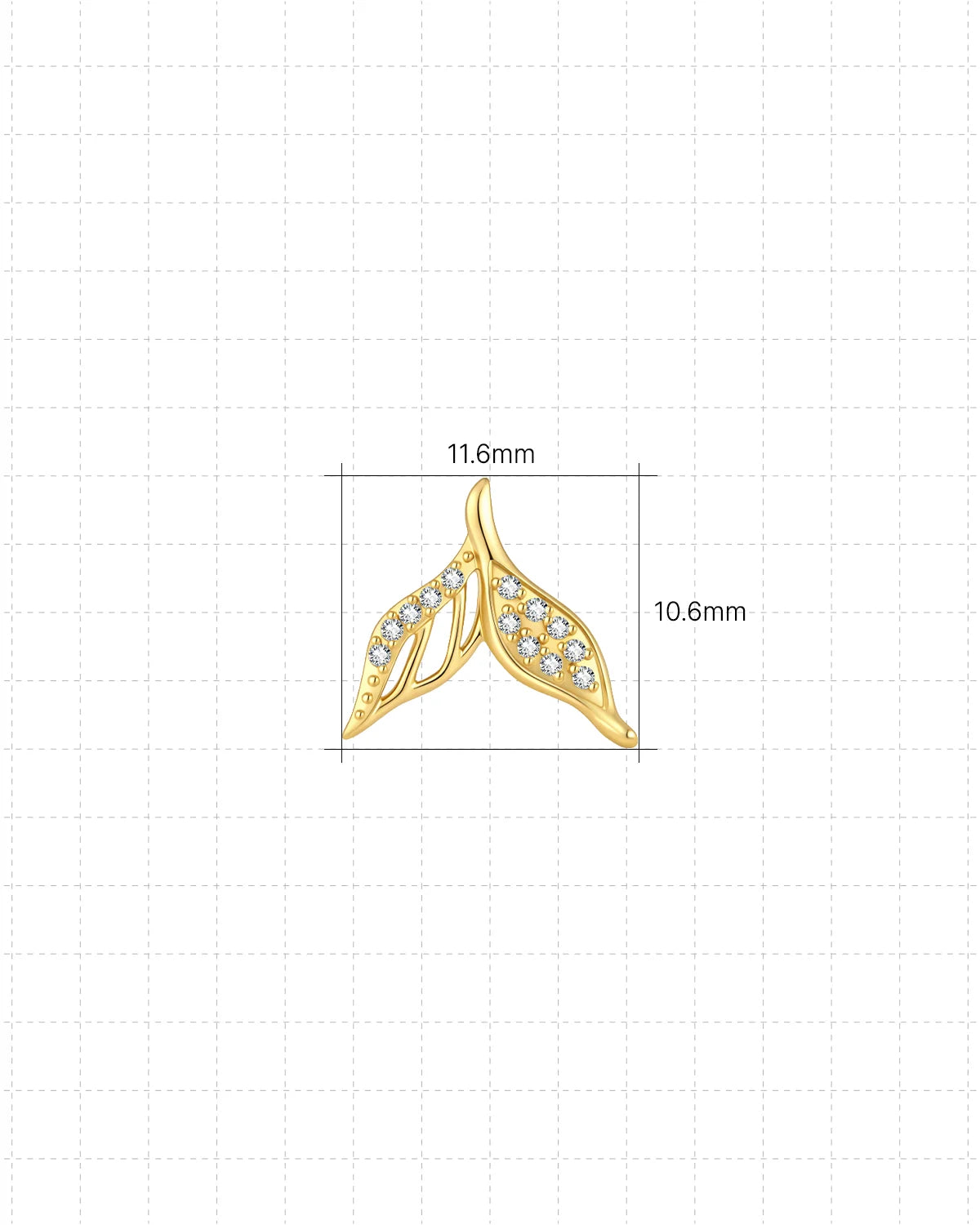Mermaid Tail Flatback Stud - Gold with clear cubic zirconia - 11.6mm W x 10.6mm H dimensions