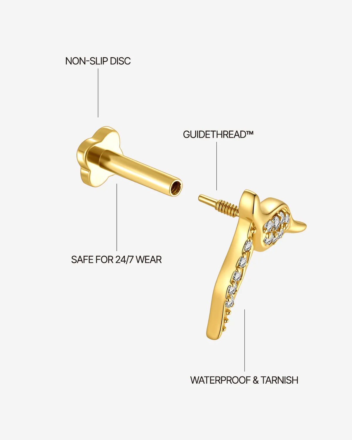 Mermaid Tail Flatback Stud - Gold with clear cubic zirconia - threaded construction