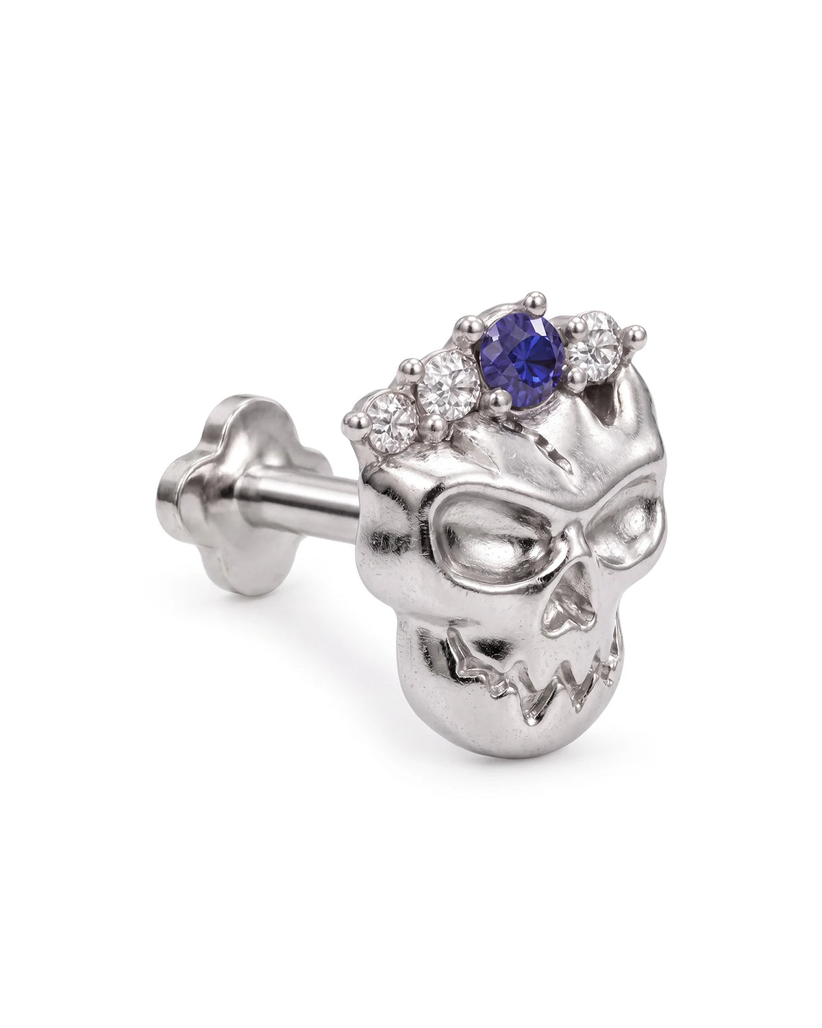 Crowned Mischief skull flatback stud, silver tone with purple cubic zirconia, image 3