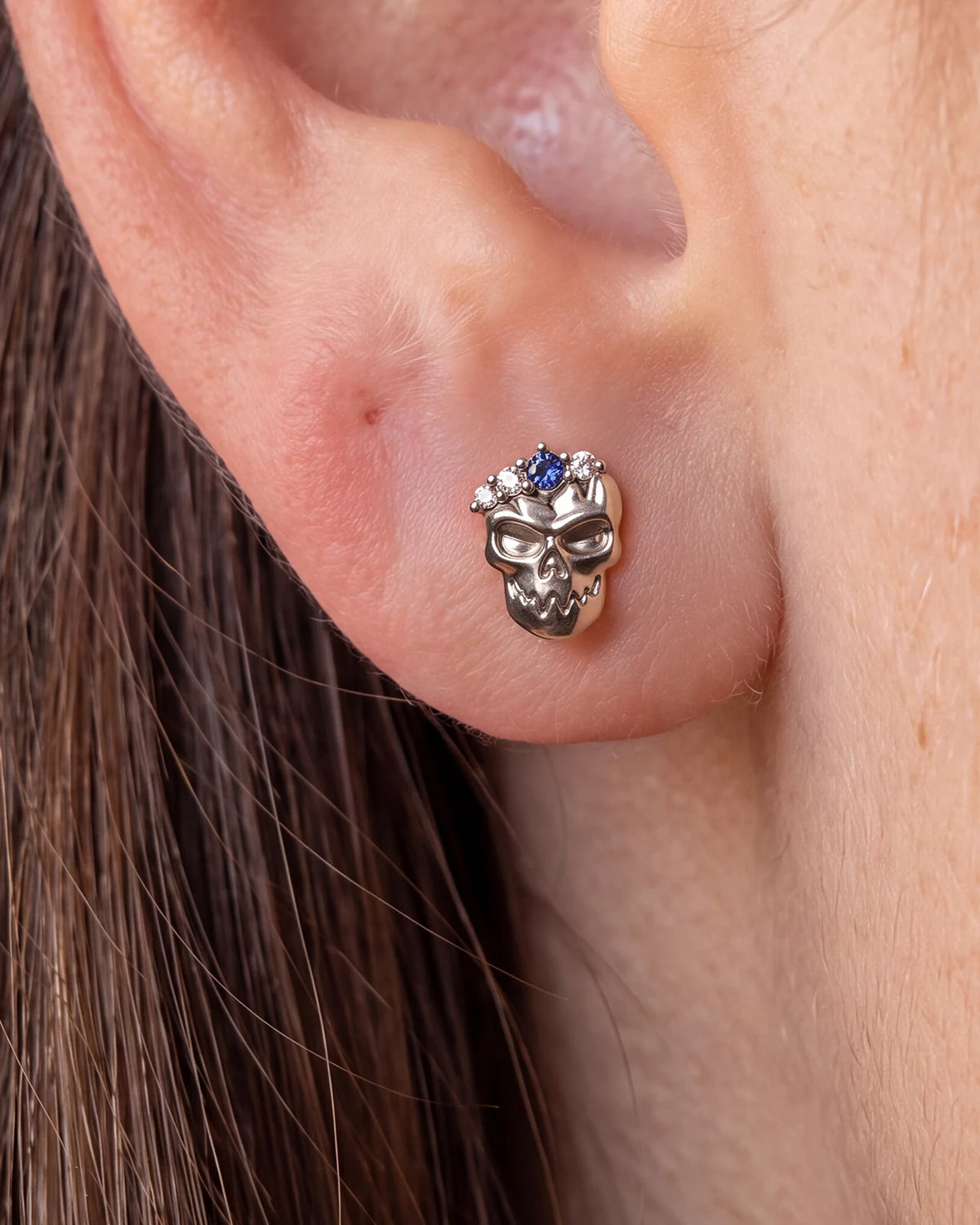 Crowned Mischief skull flatback stud, silver tone with purple cubic zirconia, image 5