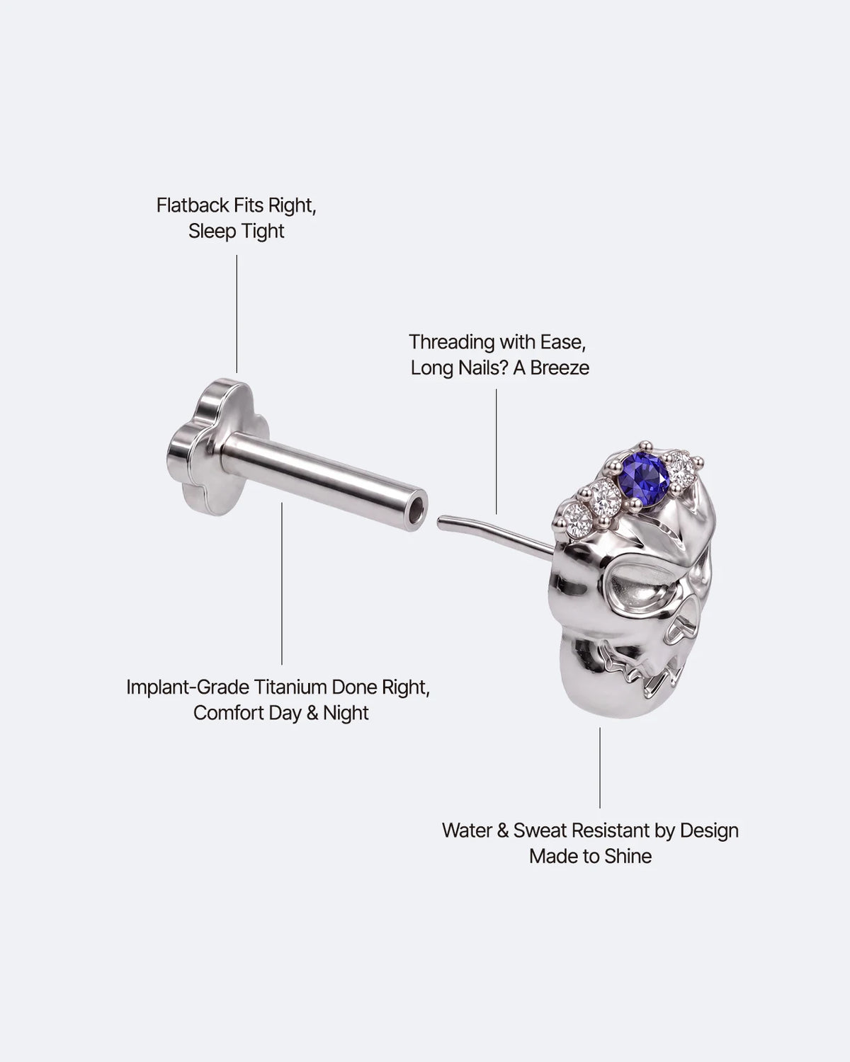 Crowned Mischief skull flatback stud, silver tone with purple cubic zirconia, image 6