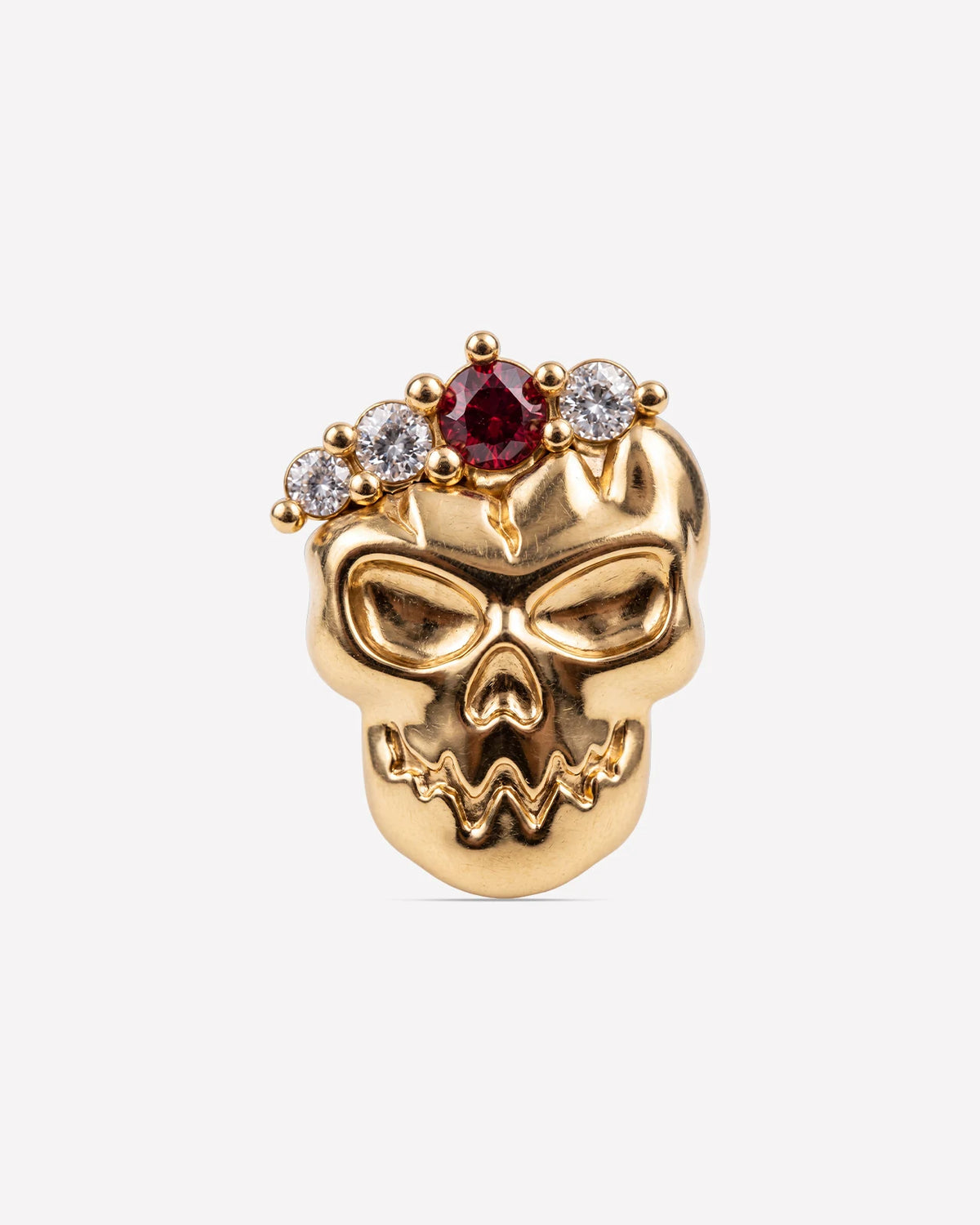 Crowned Mischief skull flatback stud, gold tone with red cubic zirconia, image 1