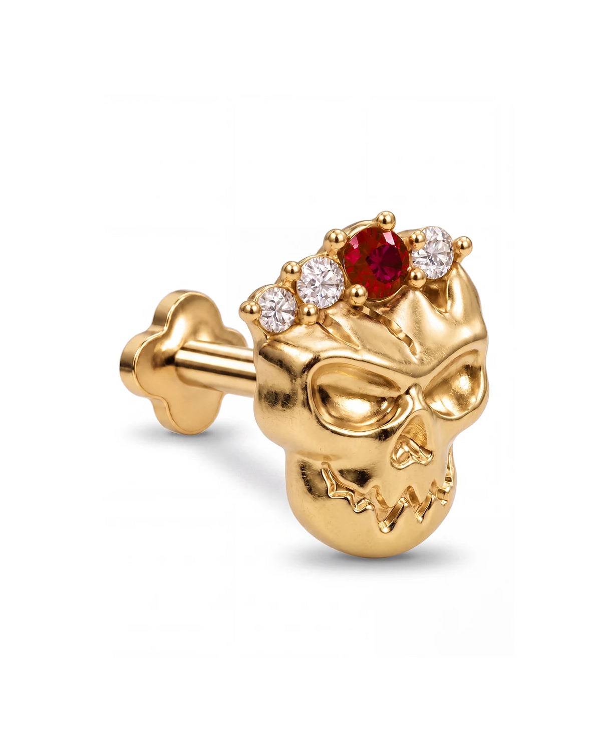 Crowned Mischief skull flatback stud, gold tone with red cubic zirconia, image 3