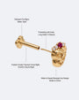 Crowned Mischief skull flatback stud, gold tone with red cubic zirconia, image 5
