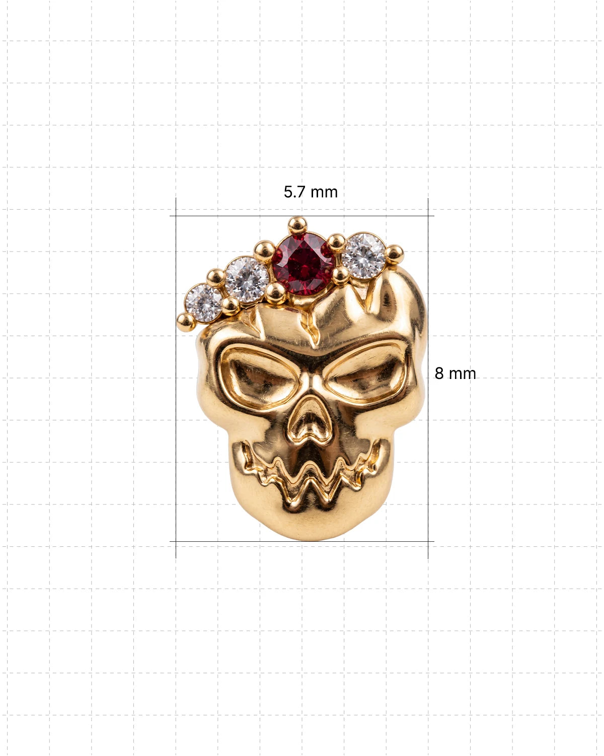 Crowned Mischief skull flatback stud, gold tone with red cubic zirconia, image 6