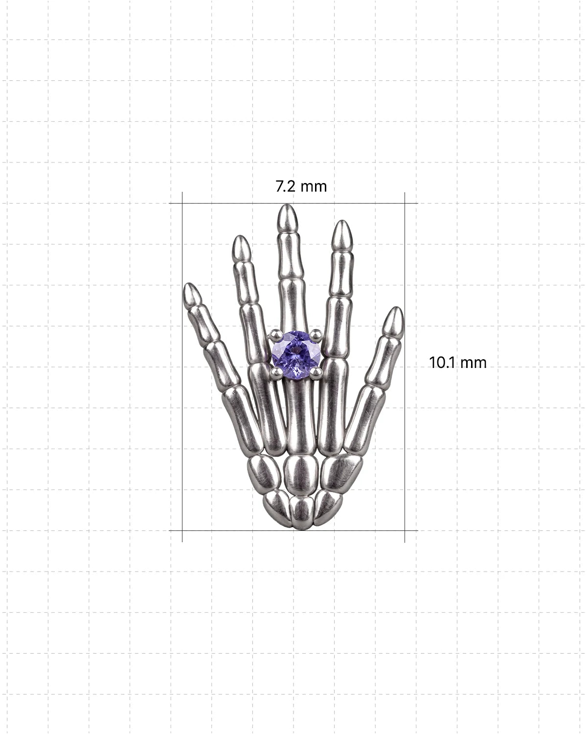 Phantom Touch Threadless Flatback Stud in Silver Twilight Tanzanite, size guide, 7.2mm wide by 10.1mm high