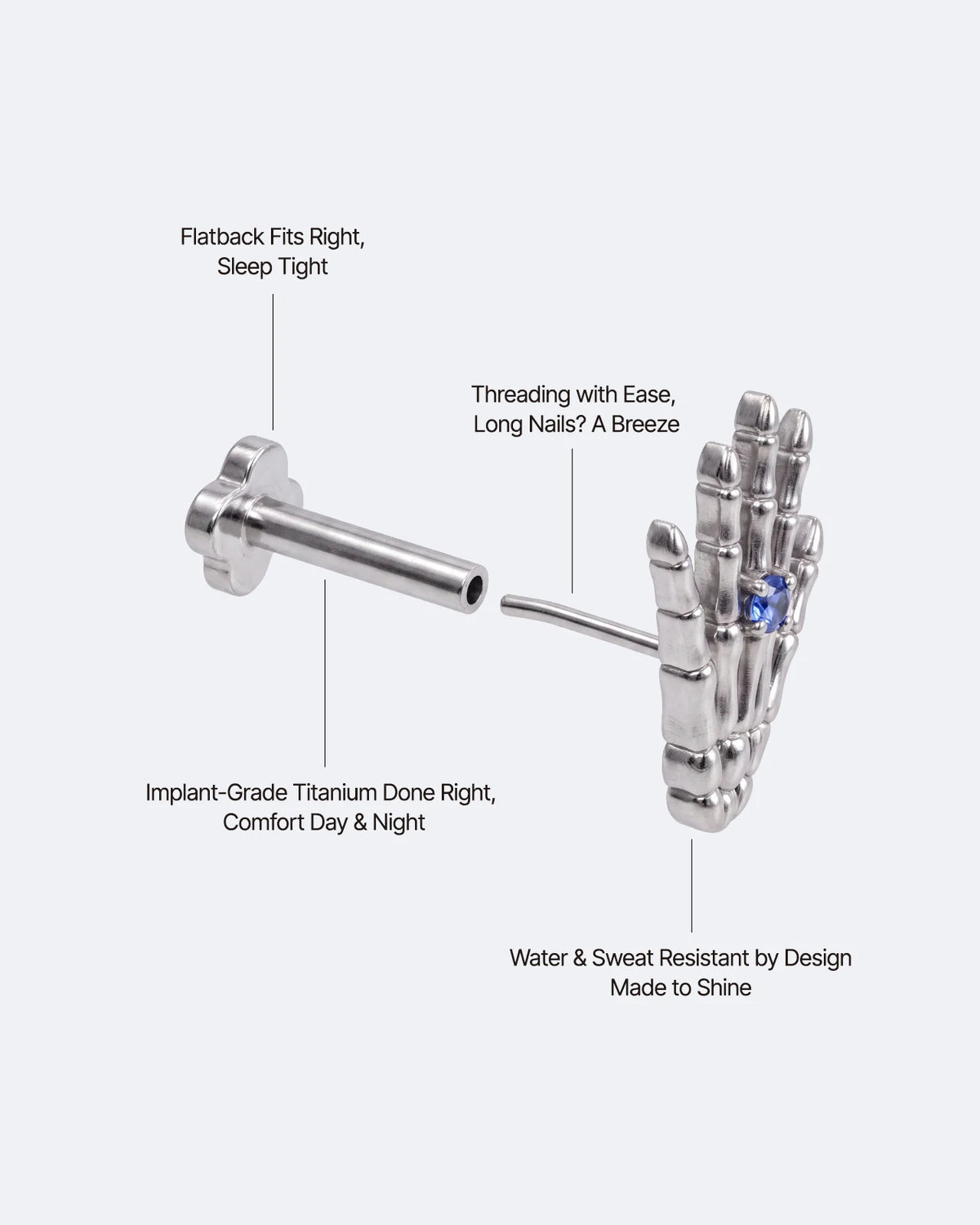 Phantom Touch Threadless Flatback Stud in Silver Twilight Tanzanite, push pin mechanism