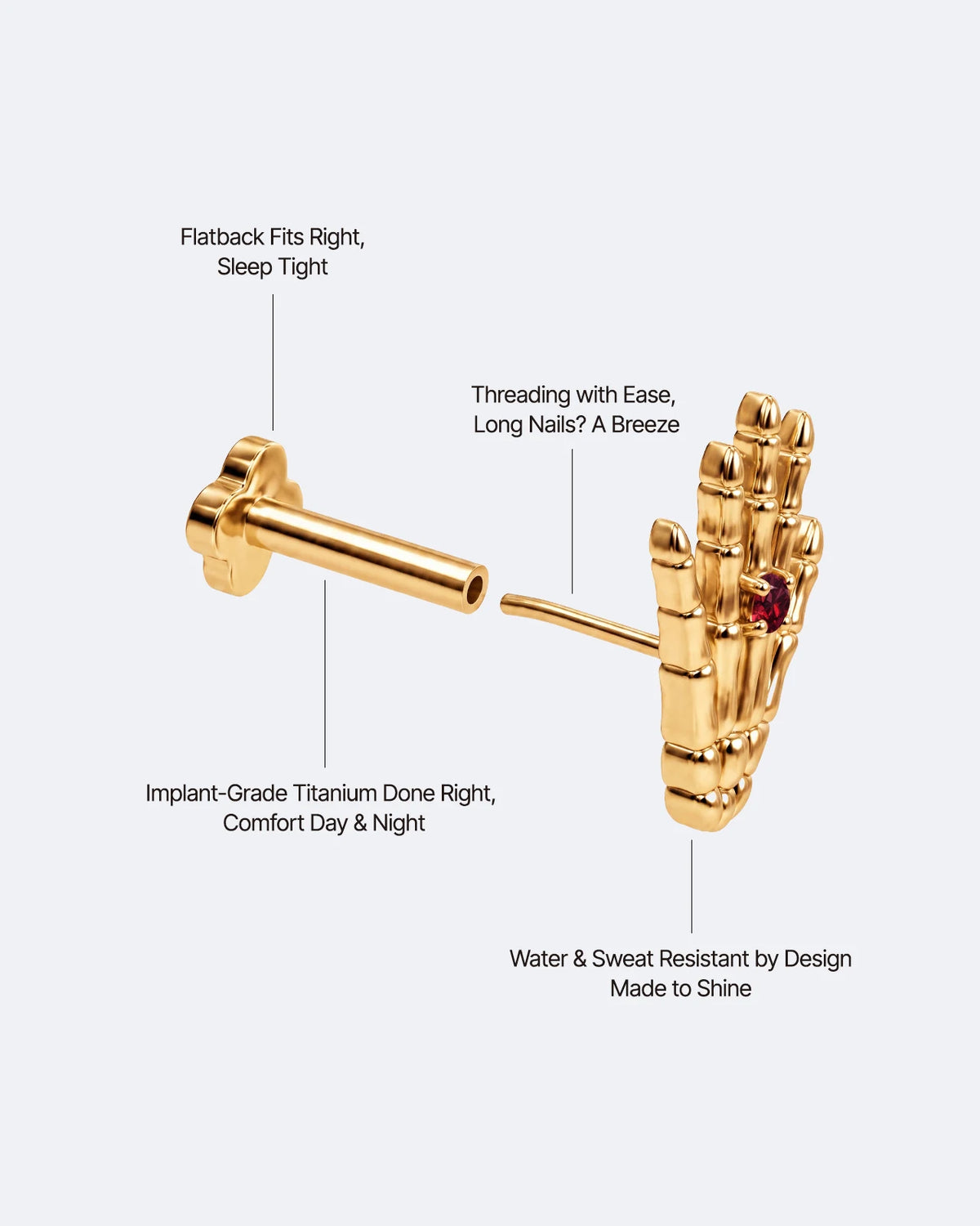 Phantom Touch Threadless Flatback Stud in Gold Garnet Red, push pin mechanism