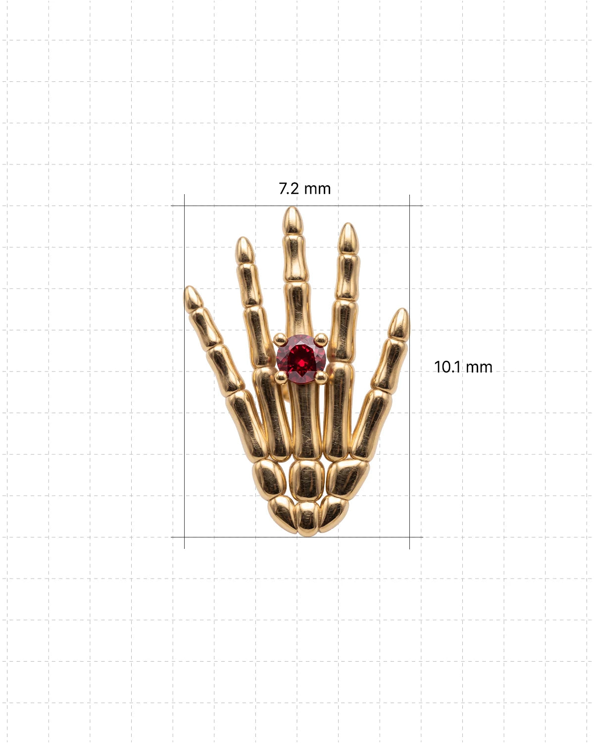 Phantom Touch Threadless Flatback Stud in Gold Garnet Red, size guide, 7.2mm wide by 10.1mm high