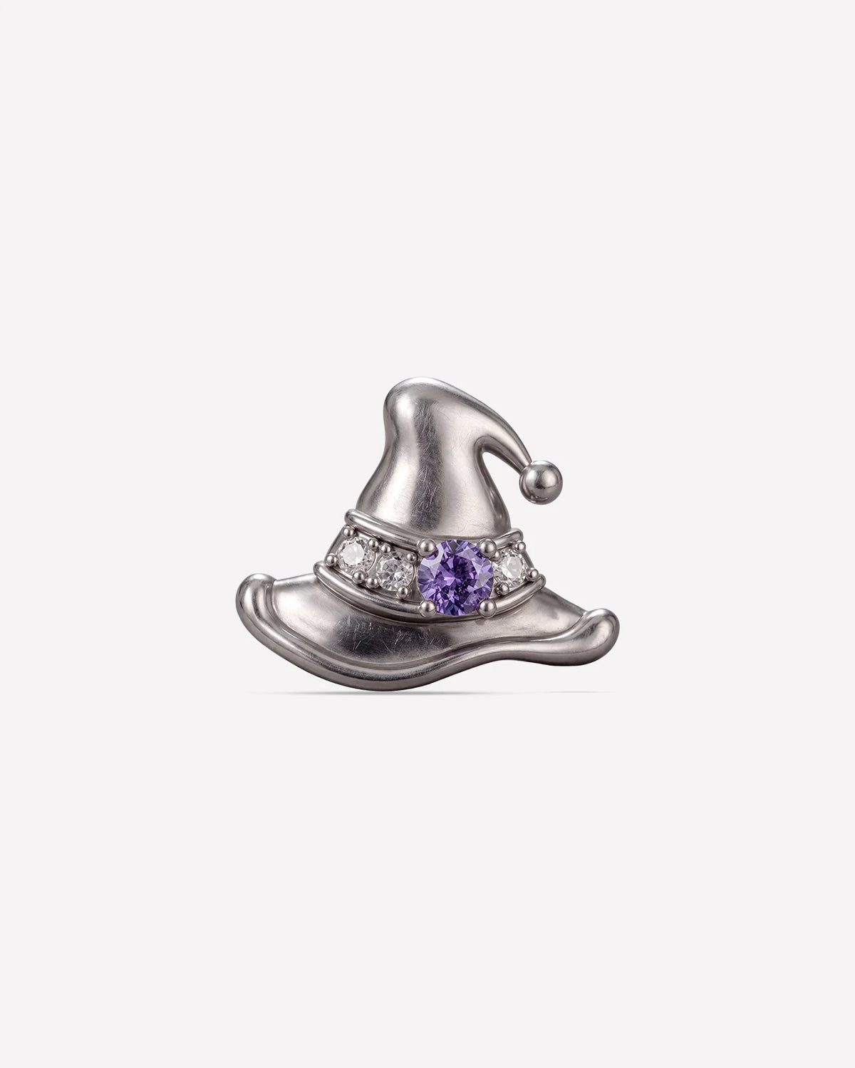 Spellbound Witch Hat flatback stud in silver tone with purple cubic zirconia, image 1