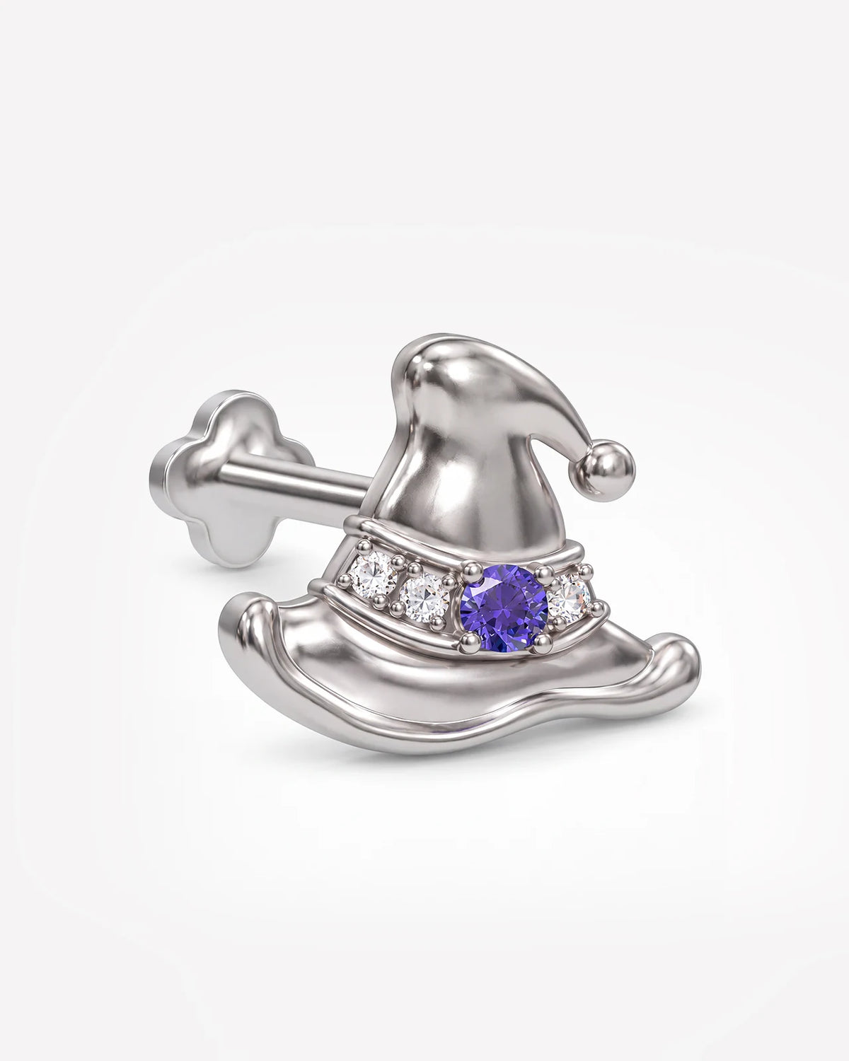 Spellbound Witch Hat flatback stud in silver tone with purple cubic zirconia, image 2