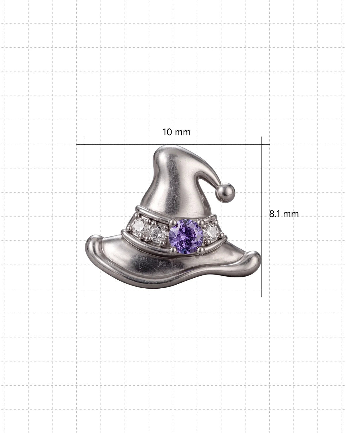 Spellbound Witch Hat flatback stud in silver tone with purple cubic zirconia, image 3
