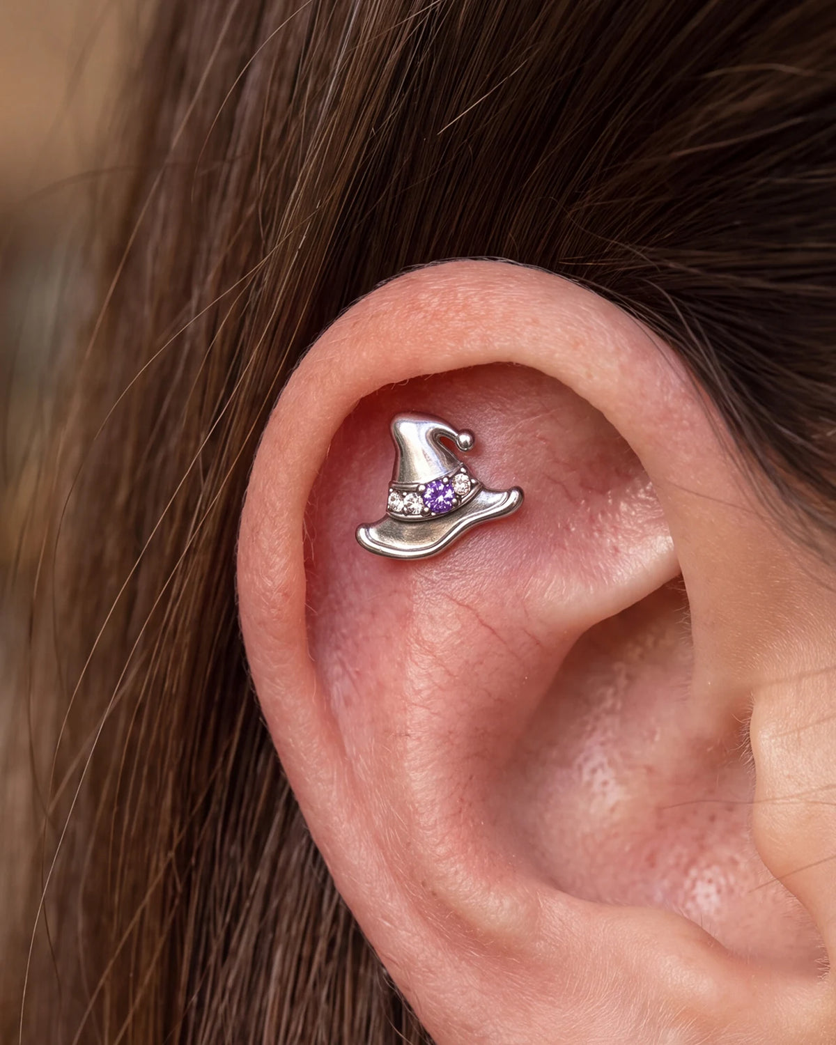 Spellbound Witch Hat flatback stud in silver tone with purple cubic zirconia, image 5