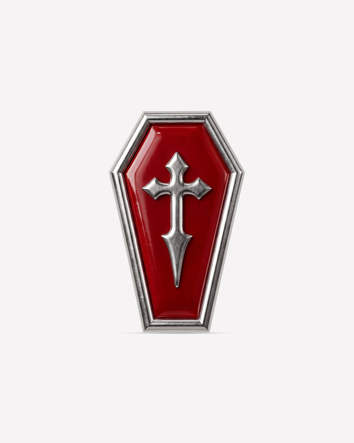 Crimson Crypt Coffin flatback stud, silver tone with red panel and raised cross, image 1
