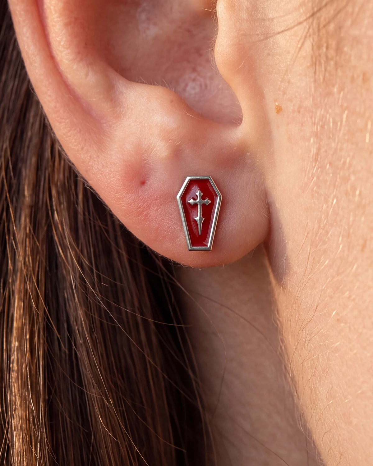Crimson Crypt Coffin flatback stud, silver tone with red panel and raised cross, image 2
