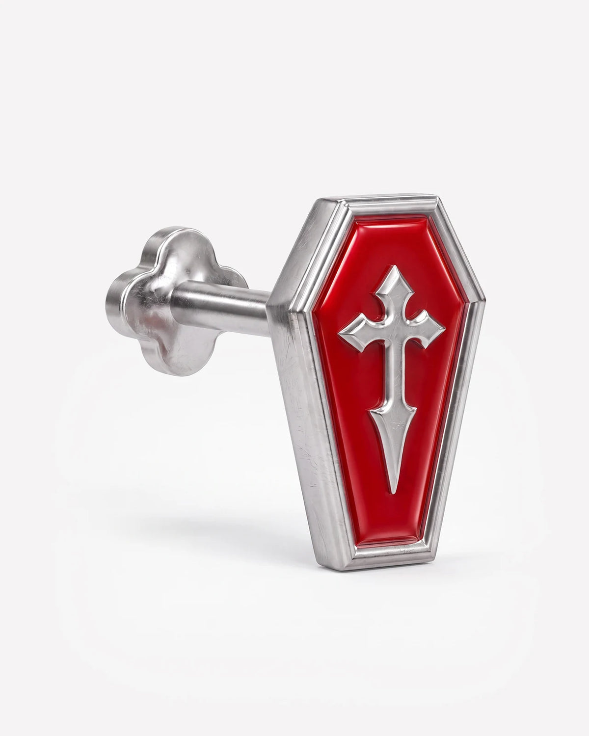 Crimson Crypt Coffin flatback stud, silver tone with red panel and raised cross, image 5
