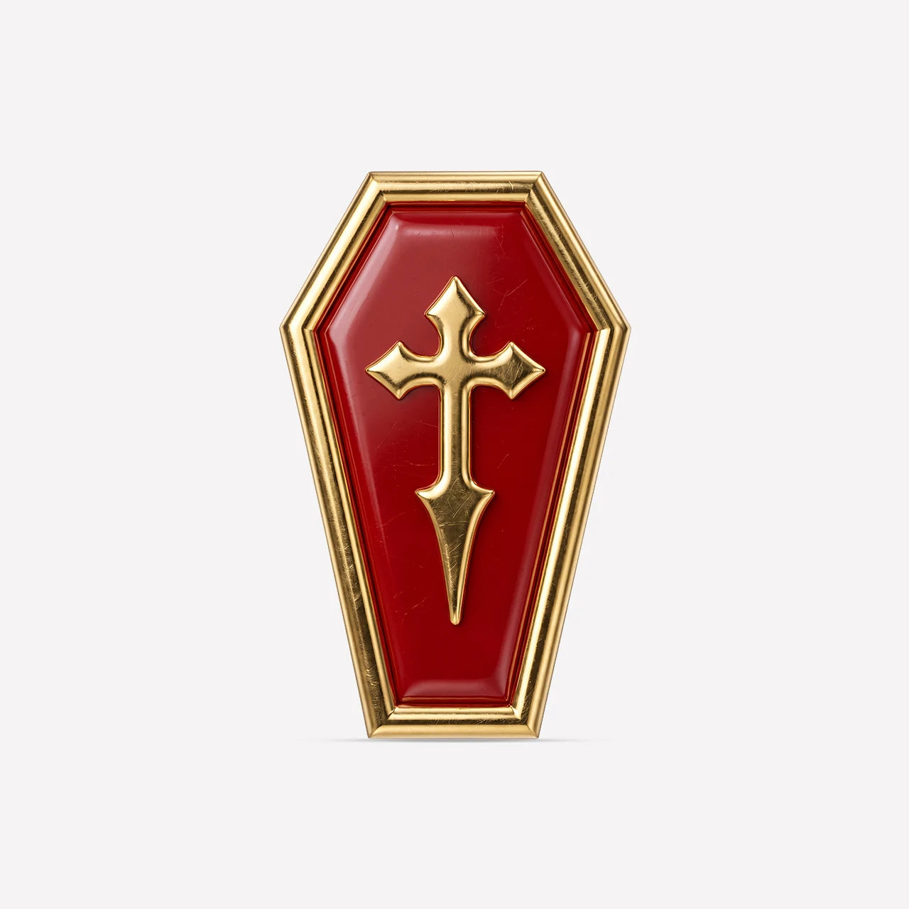 Crimson Crypt Coffin flatback stud, gold tone with red panel and raised cross, image 1